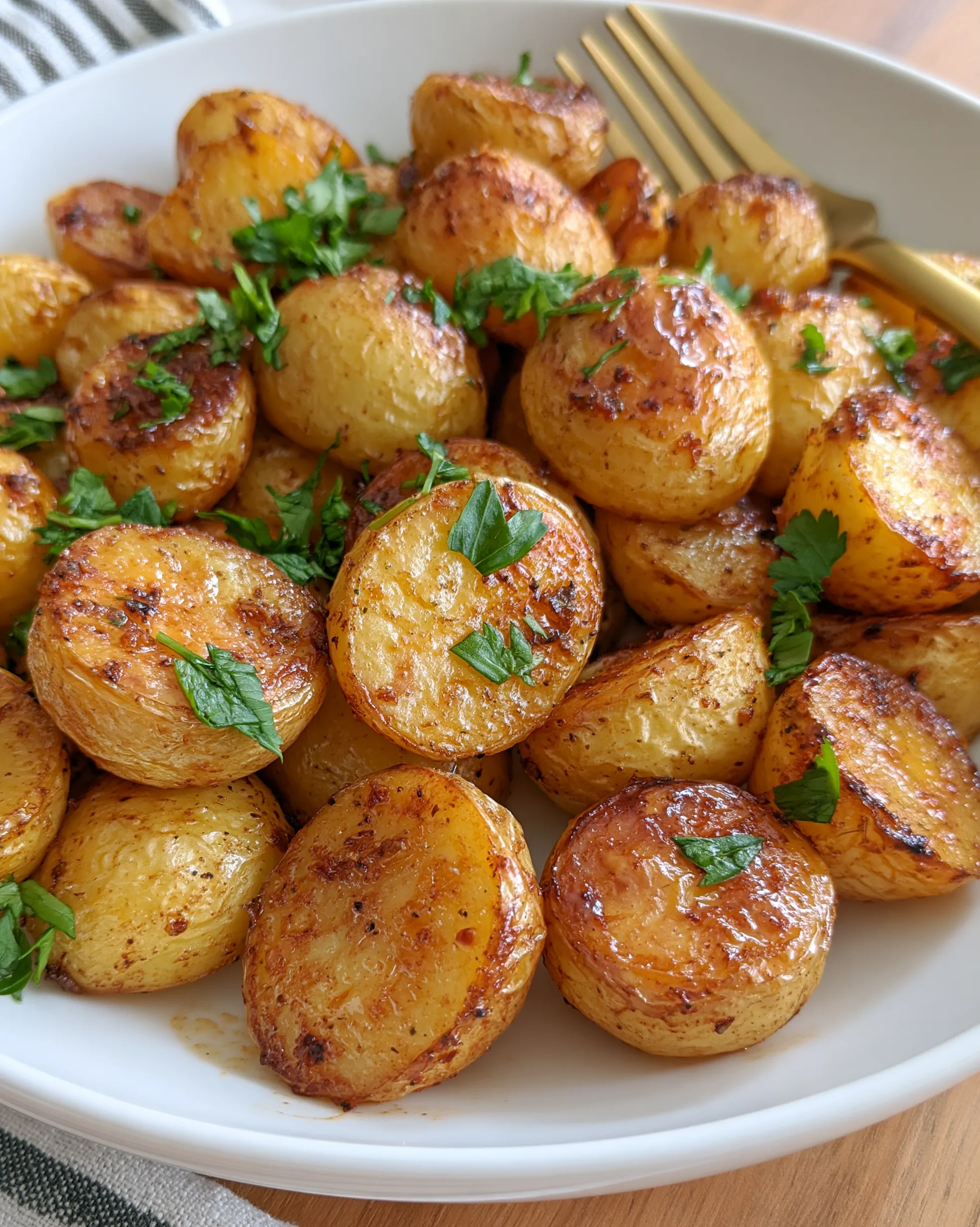 Easy air fryer potatoes recipe with golden crispy halved baby potatoes seasoned with paprika and garlic, finished with fresh parsley