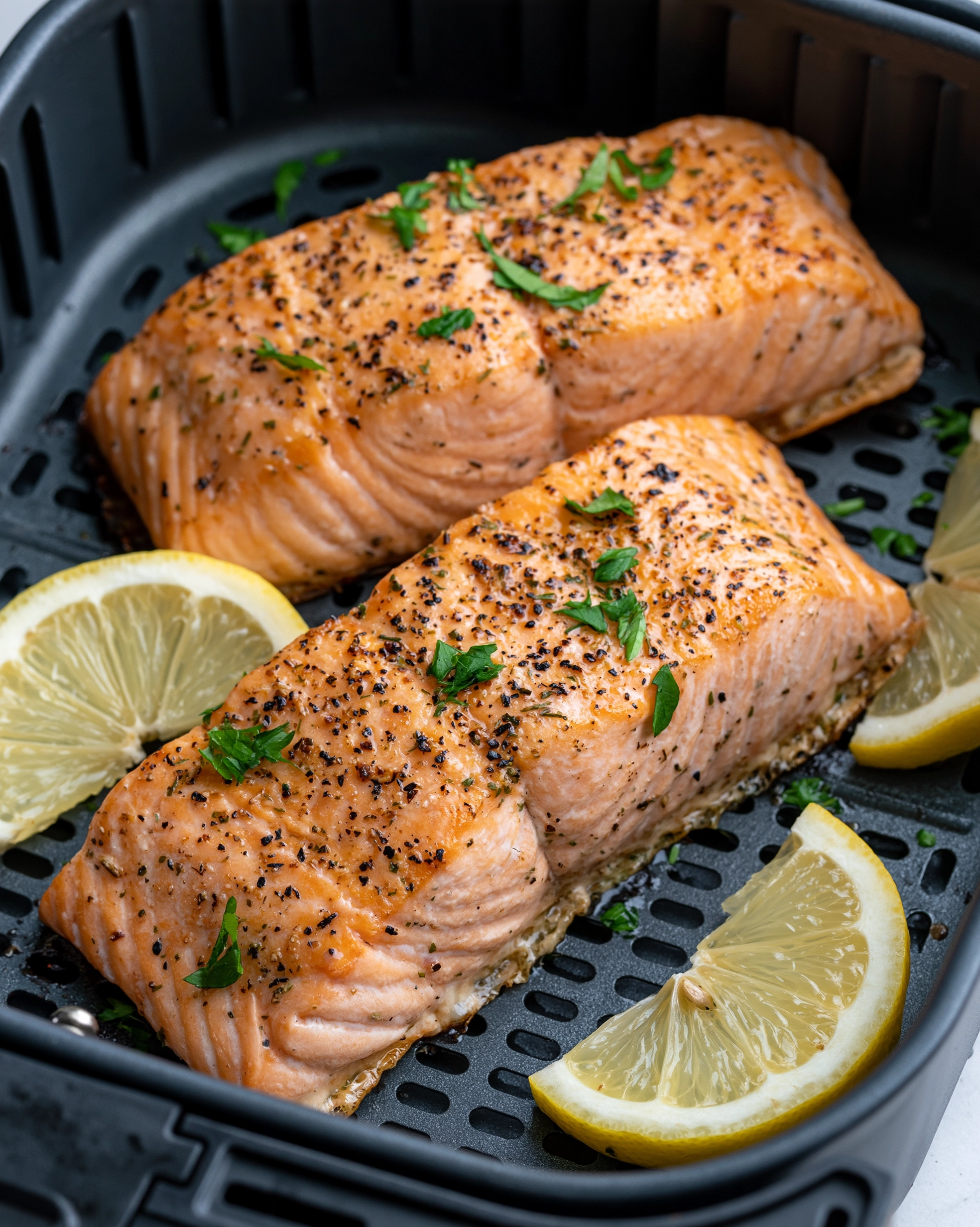 Easy air fryer salmon recipe with seasoned golden fillets, fresh parsley and lemon wedges in the air fryer basket