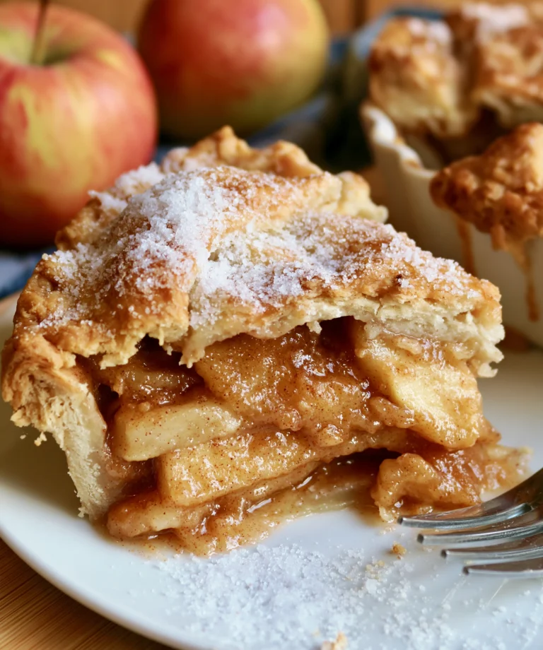 Easy apple pie filling recipe in a slice of baked pie — tender cinnamon apple slices layered in a glossy amber sauce under a flaky, sugar-sprinkled crust