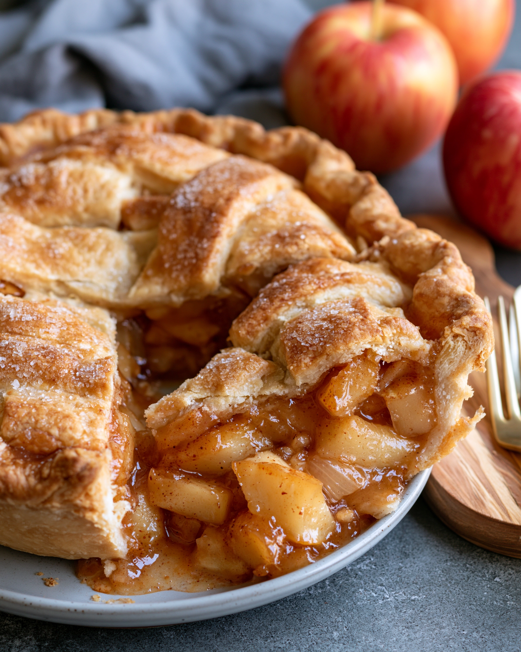 Easy apple pie recipe with a golden lattice top and glossy cinnamon apple filling, one slice cut