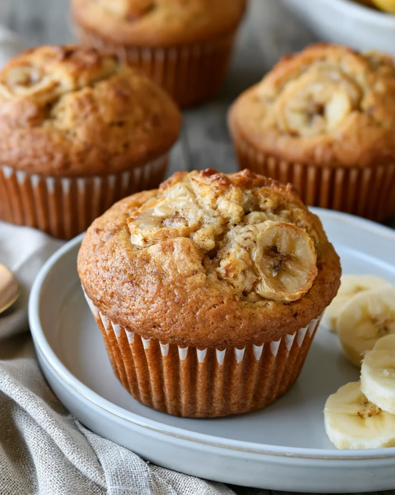 Easy banana bread muffins recipe topped with caramelized banana slices, in white liners on a small plate