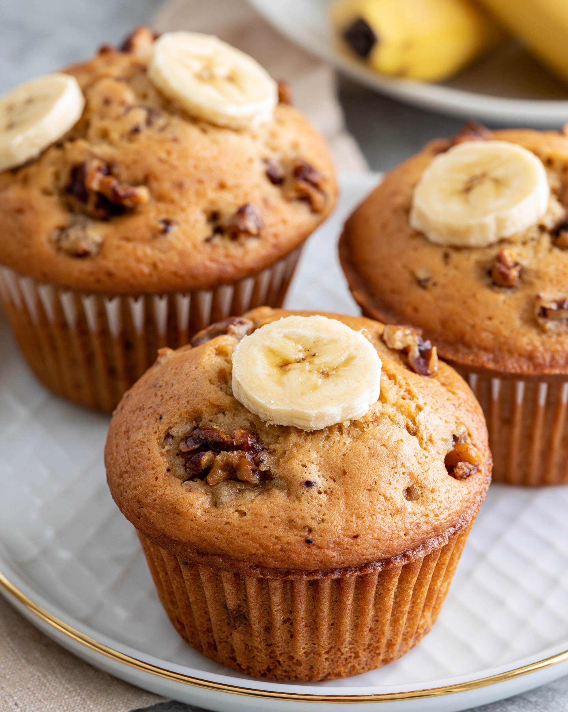 Easy banana muffins topped with banana slices and chopped walnuts in brown paper liners