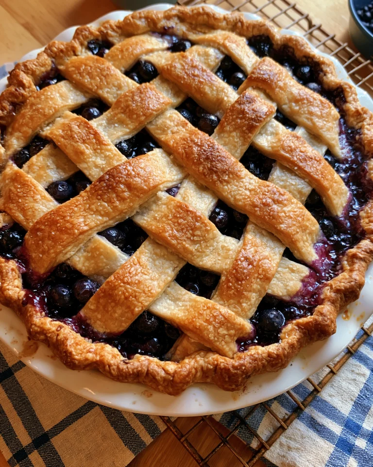 Easy blueberry pie recipe with a golden woven lattice crust, coarse sugar sparkle and jammy whole blueberries bubbling through