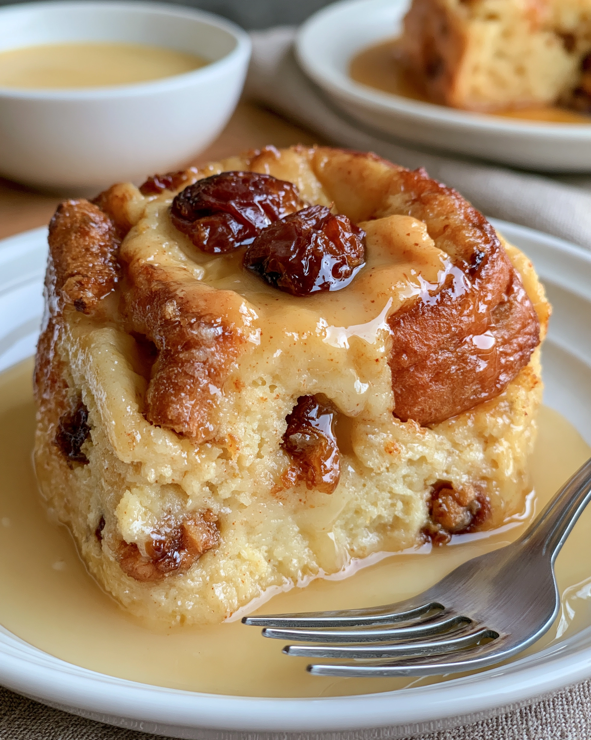 Easy bread pudding recipe slice with plump raisins and warm vanilla sauce pooling on a white plate
