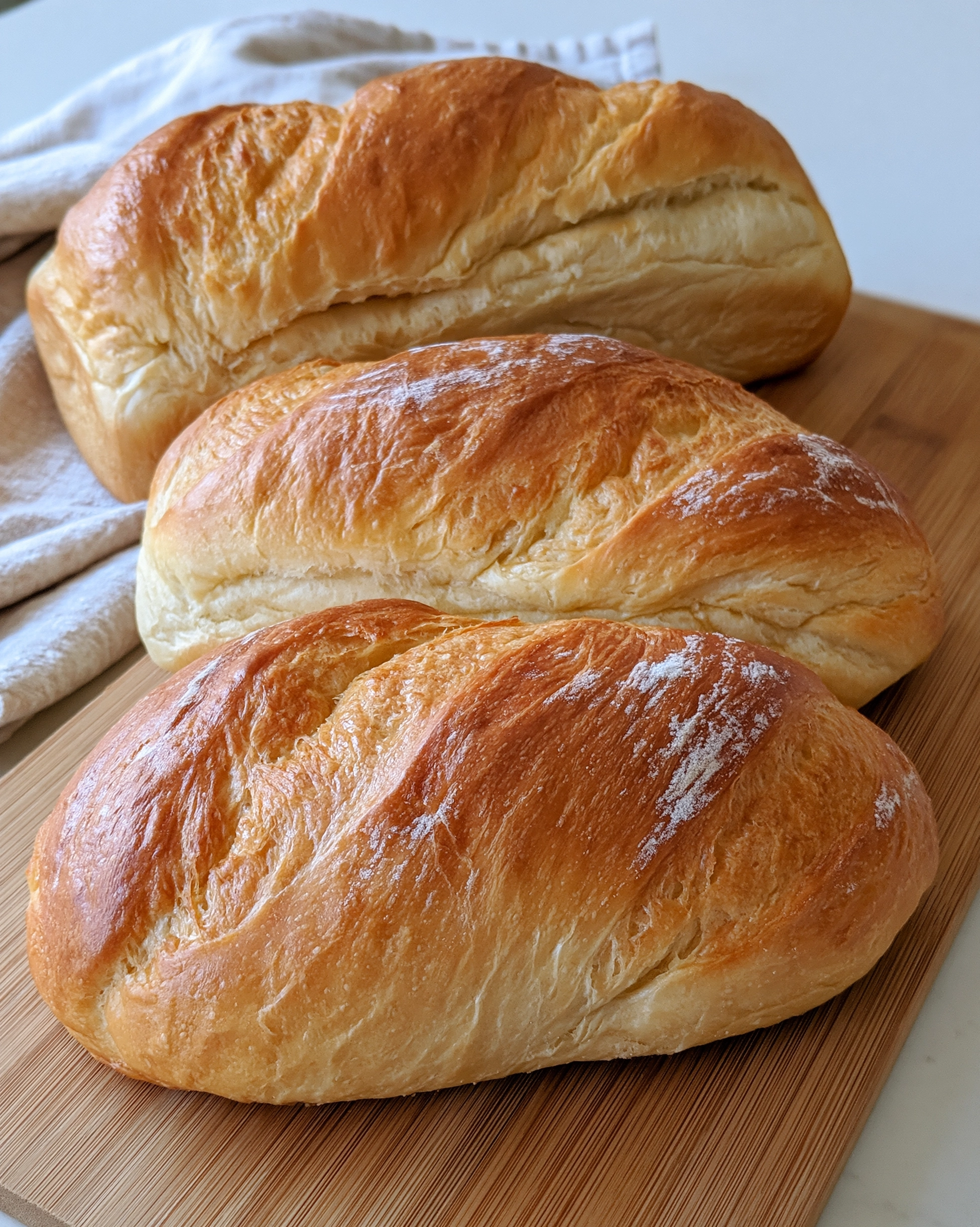 Easy bread for beginners — soft homemade white loaves with a glossy golden crust on a wooden board