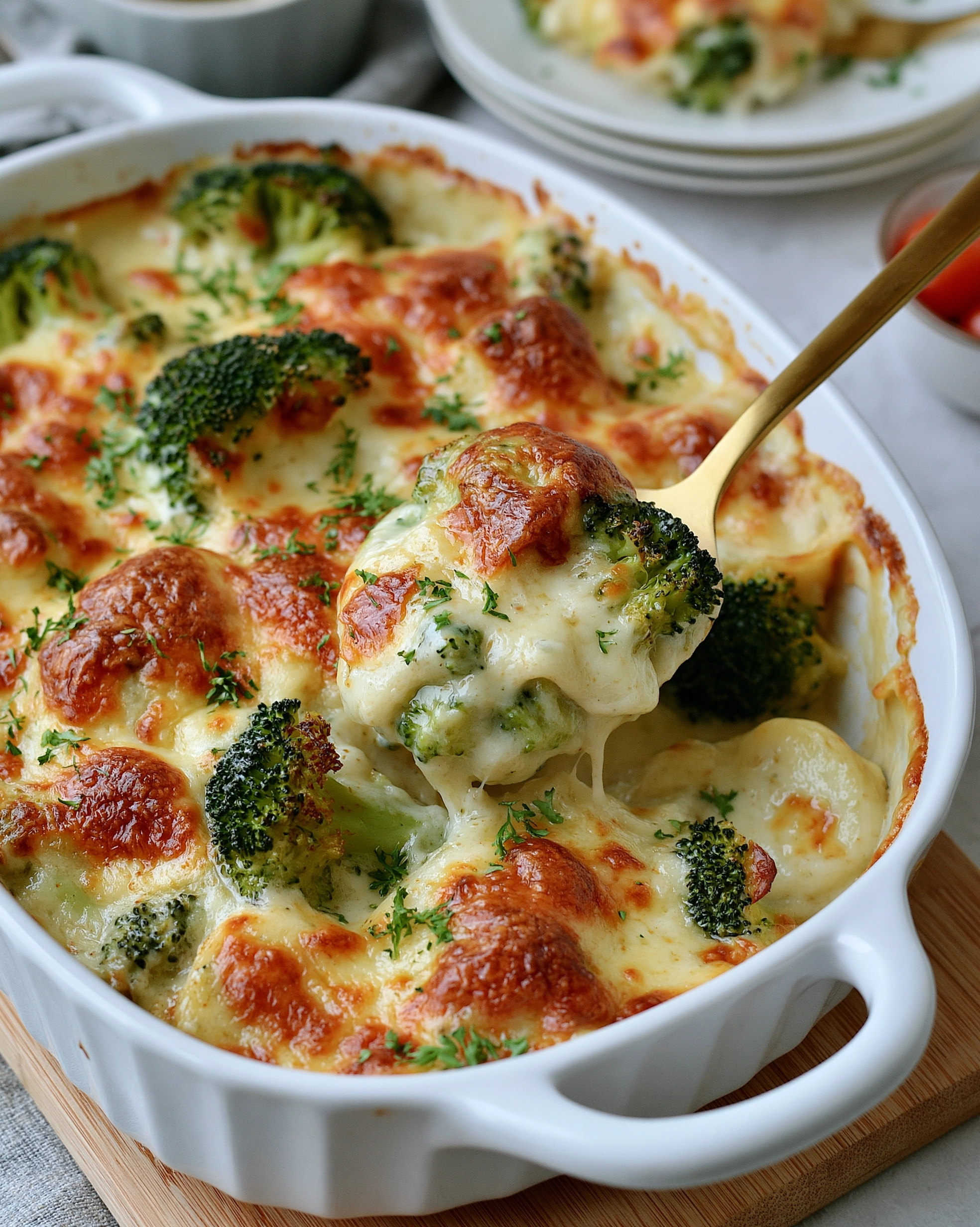 Easy broccoli casserole recipe in a white oval dish with tender broccoli, creamy cheese sauce and a golden bubbly cheese top