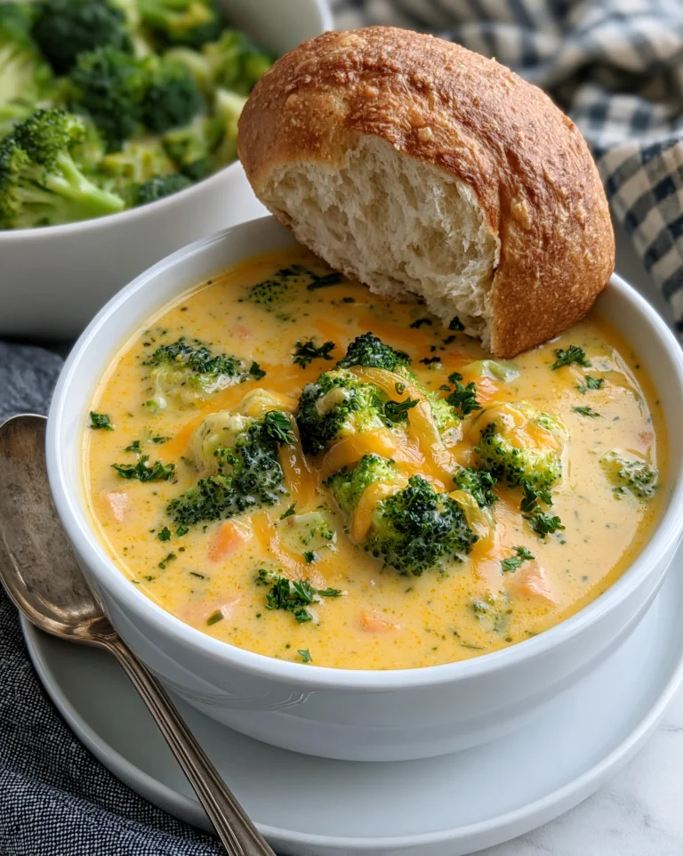 Easy broccoli cheddar soup in a white bowl with chunky broccoli florets, melted cheddar strands and fresh parsley, crusty bread roll on the side