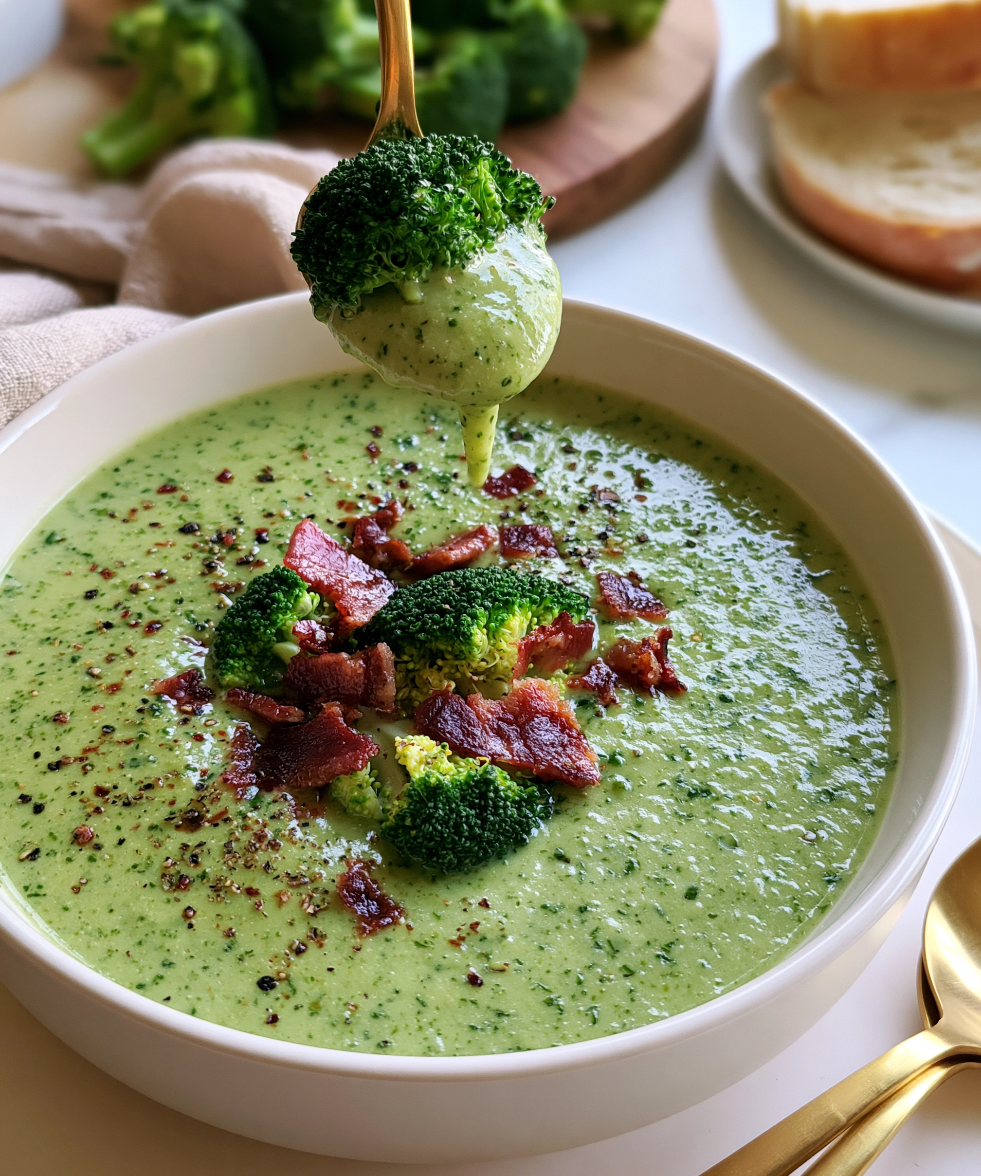 Easy broccoli soup recipe — smooth, vibrant green blended broccoli soup topped with tender steamed broccoli florets, crispy crumbled bacon and cracked black pepper, crusty bread on the side
