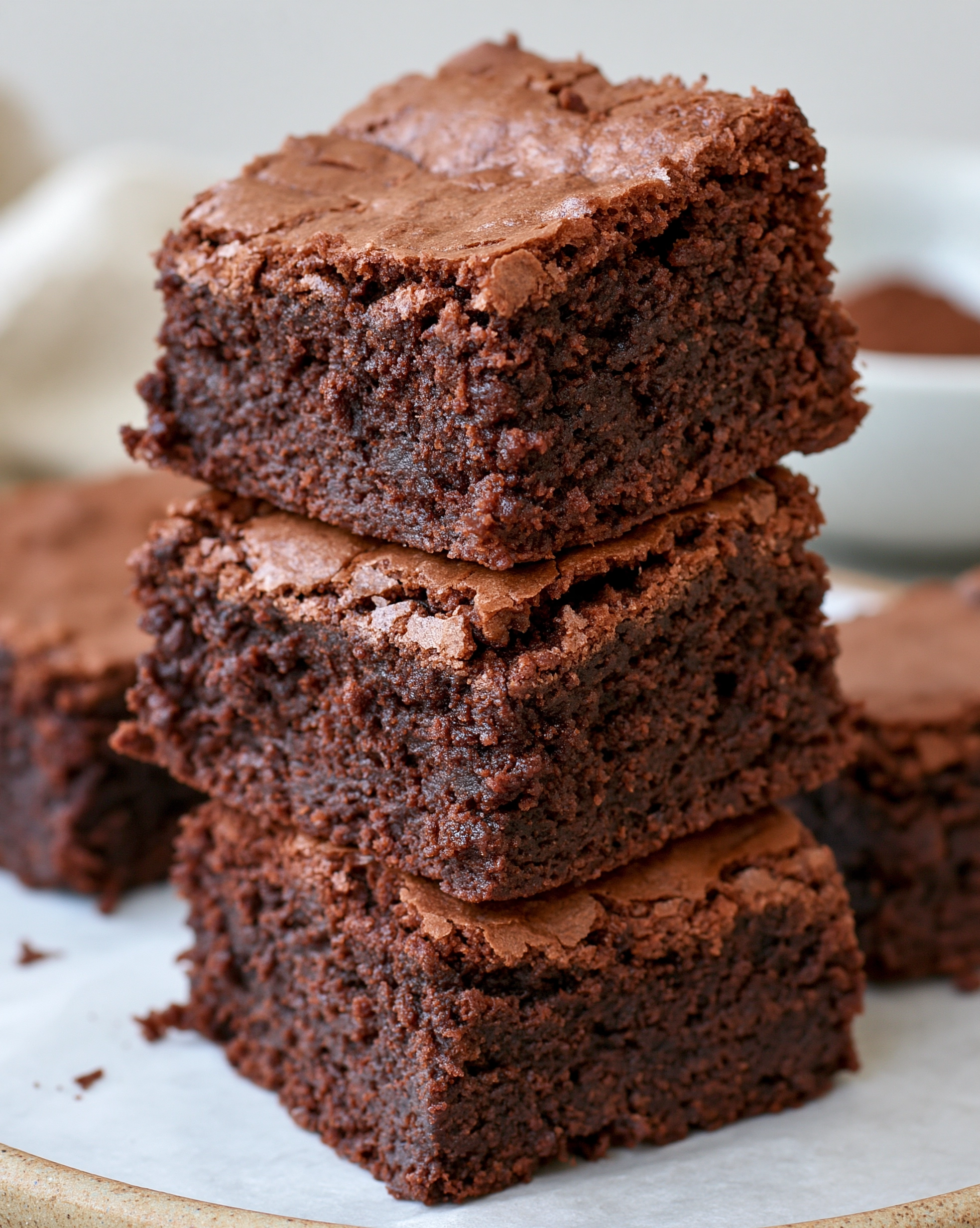 Easy fudgy brownies stacked in a pile with a shiny crackly top and a dense fudgy center
