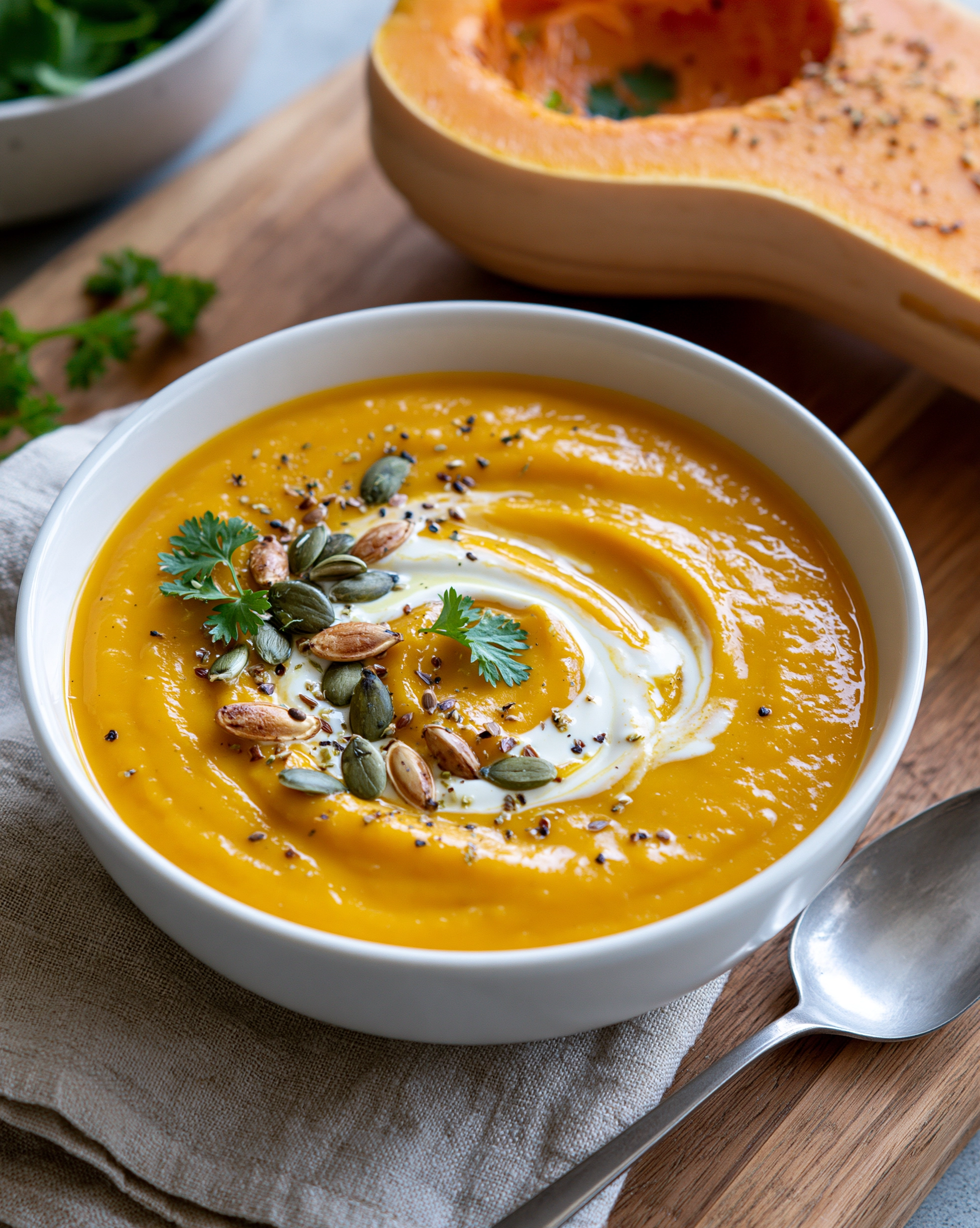 Easy butternut squash soup in a white bowl with a swirl of cream, toasted pumpkin seeds and fresh parsley on top