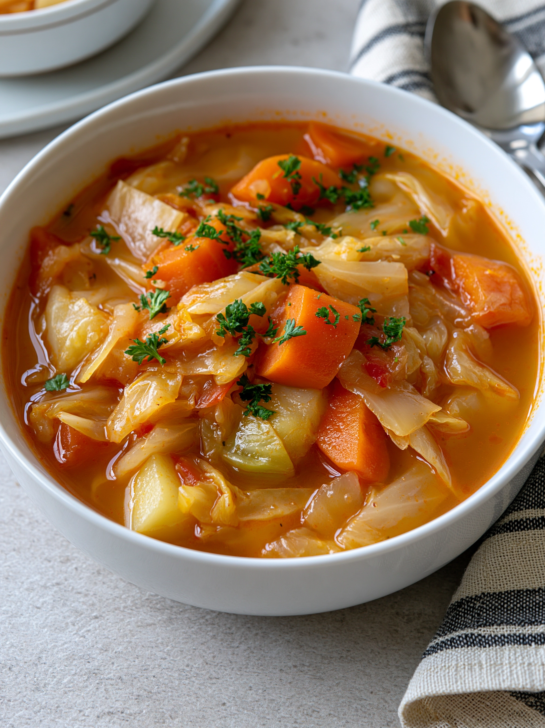 Easy cabbage soup with chunky cabbage, carrots and potatoes in a rich tomato broth, topped with fresh parsley