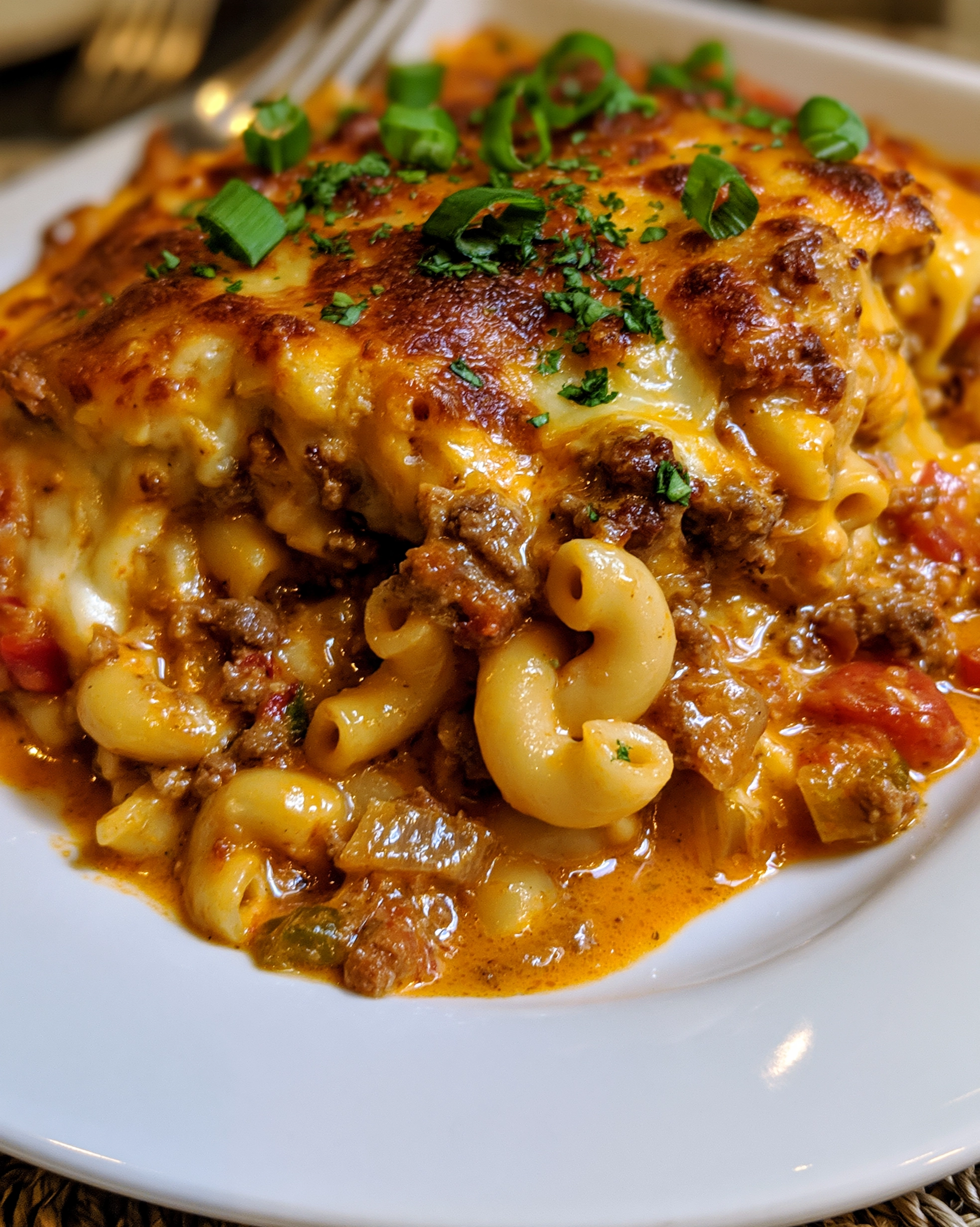 Easy cheeseburger casserole recipe — elbow macaroni and seasoned ground beef in a creamy tomato cheese sauce with a deeply browned, bubbly cheddar top, sliced green onions and chopped parsley, served on a white plate