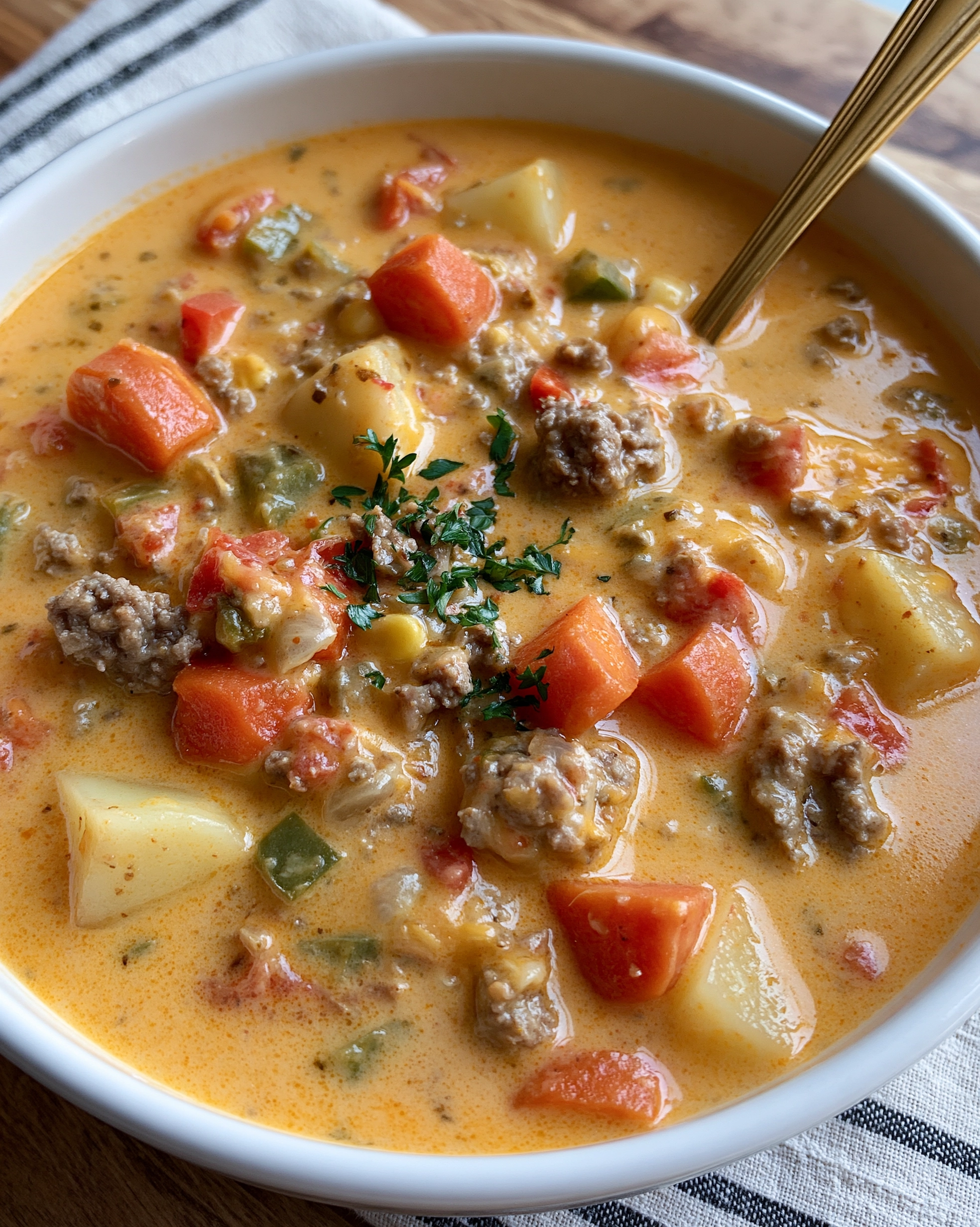 Easy cheeseburger soup recipe — creamy cheddar broth with ground beef, chunky potatoes, carrots and tomatoes, topped with fresh parsley