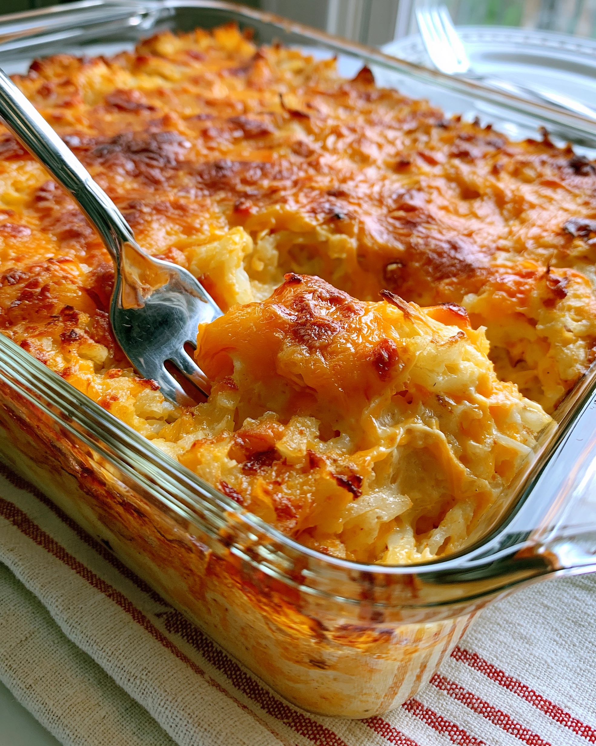Easy cheesy hashbrown casserole recipe in a glass baking dish with a deeply golden melted cheddar blanket and creamy shredded potatoes