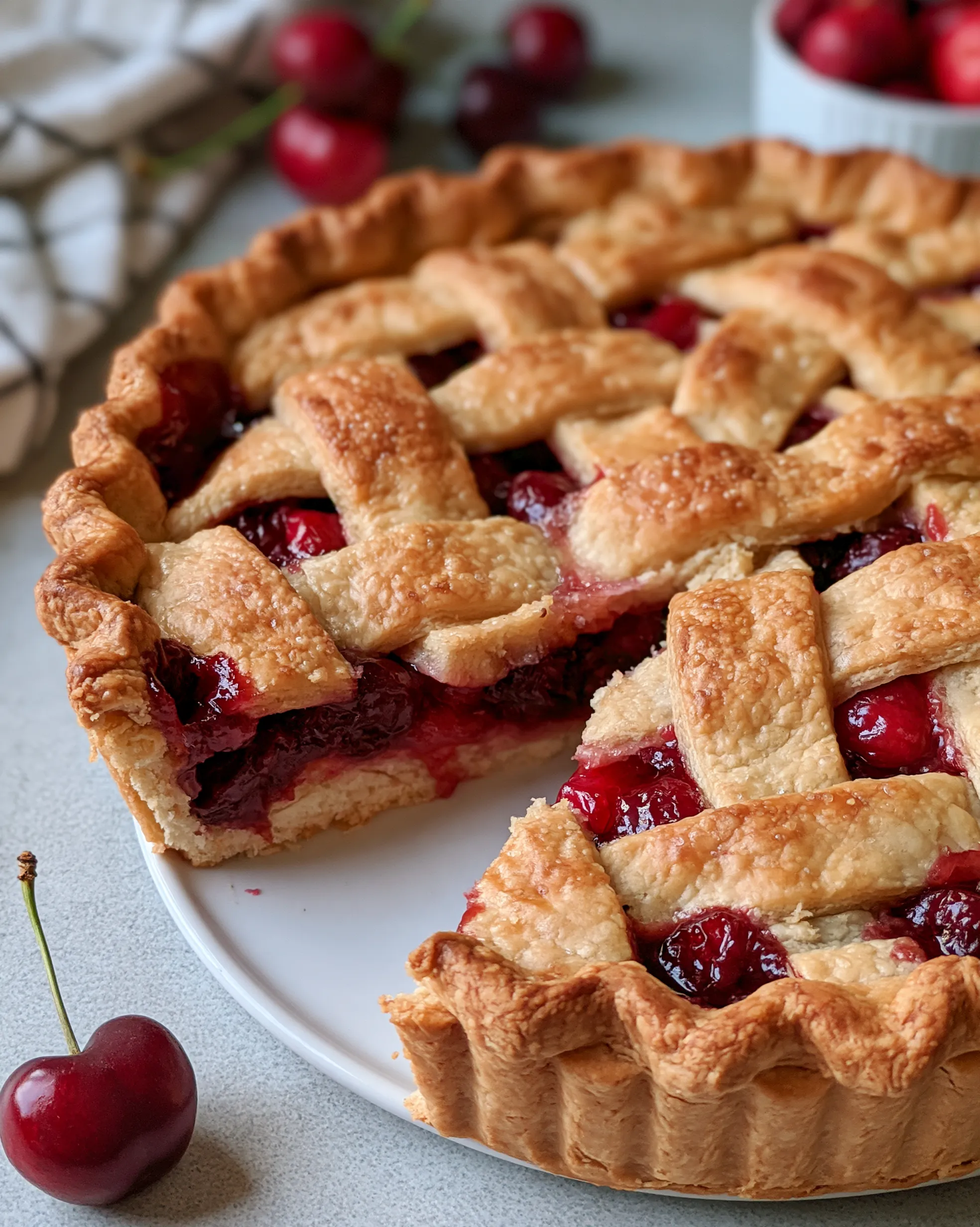 Easy cherry pie recipe with a golden woven lattice crust, glossy jammy cherry filling and fluted edges, one slice cut