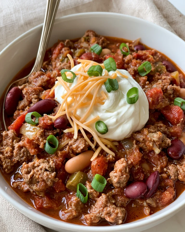 Easy crockpot chili recipe served in a white bowl topped with sour cream, shredded cheddar and sliced green onions
