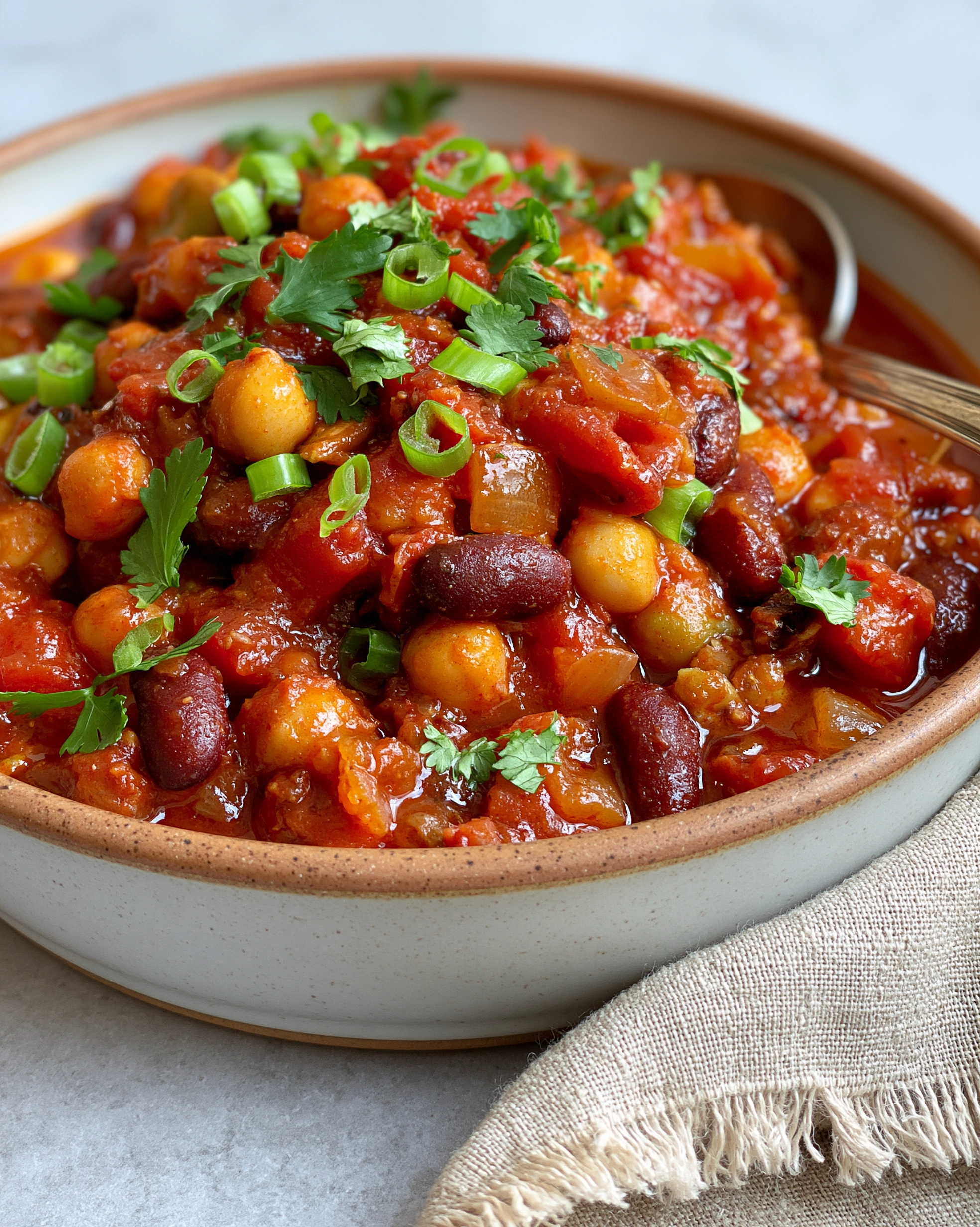 Easy chili in a rustic bowl topped with sliced green onions and fresh cilantro, loaded with kidney beans and chickpeas in a thick tomato sauce