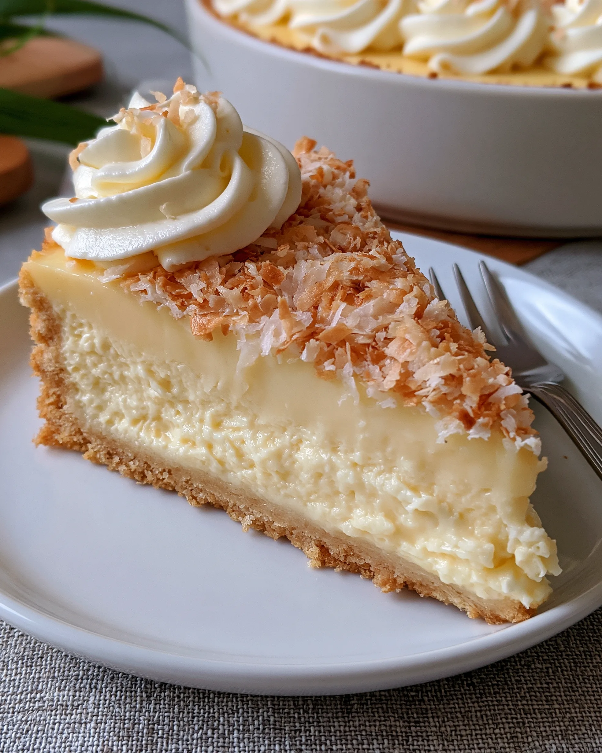 Easy coconut cream pie recipe slice with silky coconut custard, toasted coconut flakes and a whipped cream rosette in a flaky crust