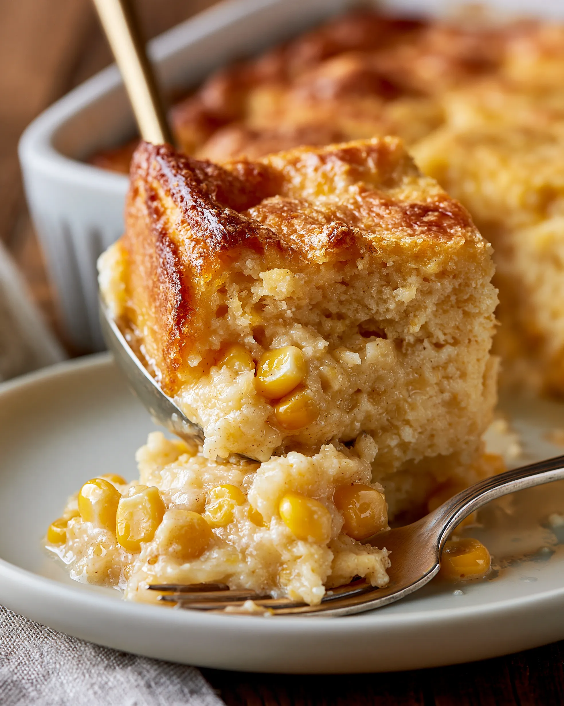 Easy Jiffy corn casserole recipe with a golden brown top and moist, custardy center full of sweet corn kernels