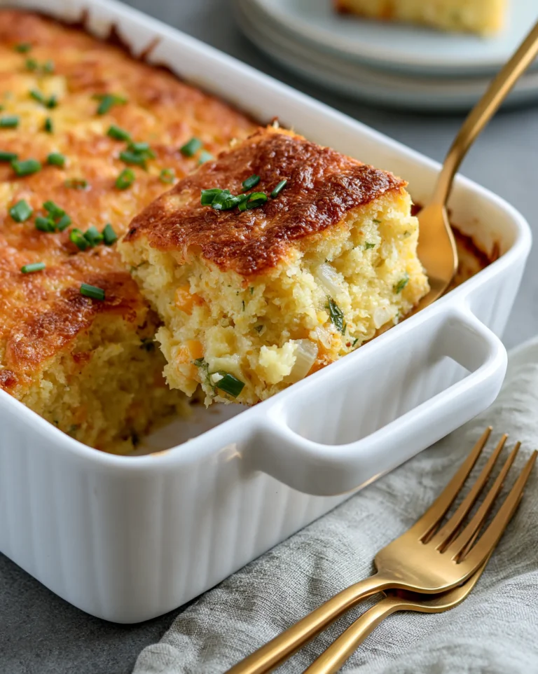 Easy cornbread casserole recipe with a deep golden cheese crust, fluffy cheesy center and a sprinkle of fresh green onions