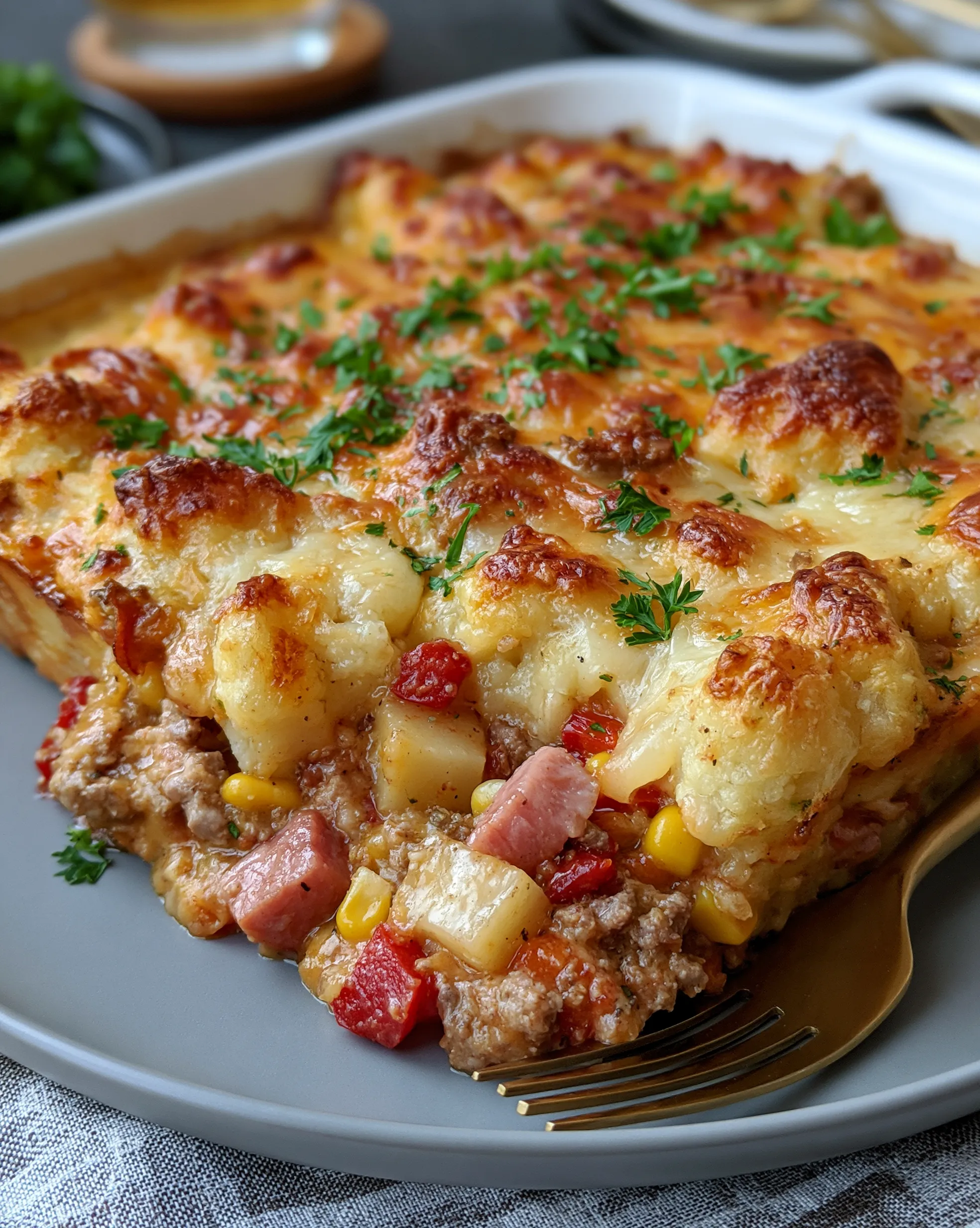 Easy cowboy casserole recipe with crispy golden tater tots and melted cheese over a hearty beef, corn and potato filling