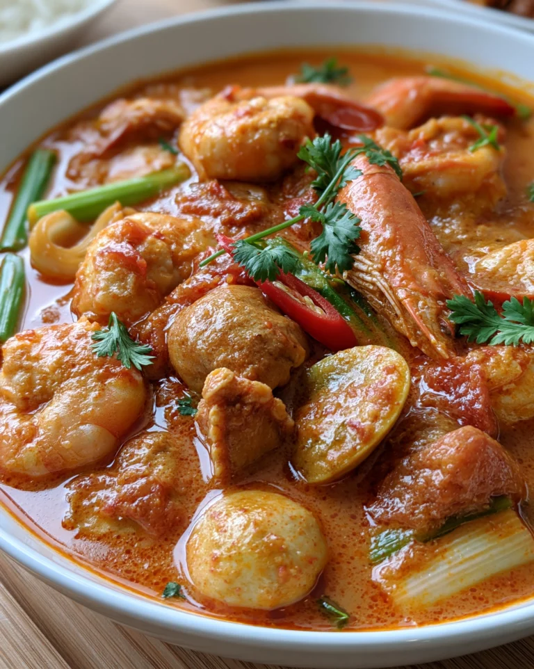 Easy curry recipe — plump shrimp in a creamy orange-red tomato coconut sauce with fresh cilantro and red chili slices, served in a white bowl