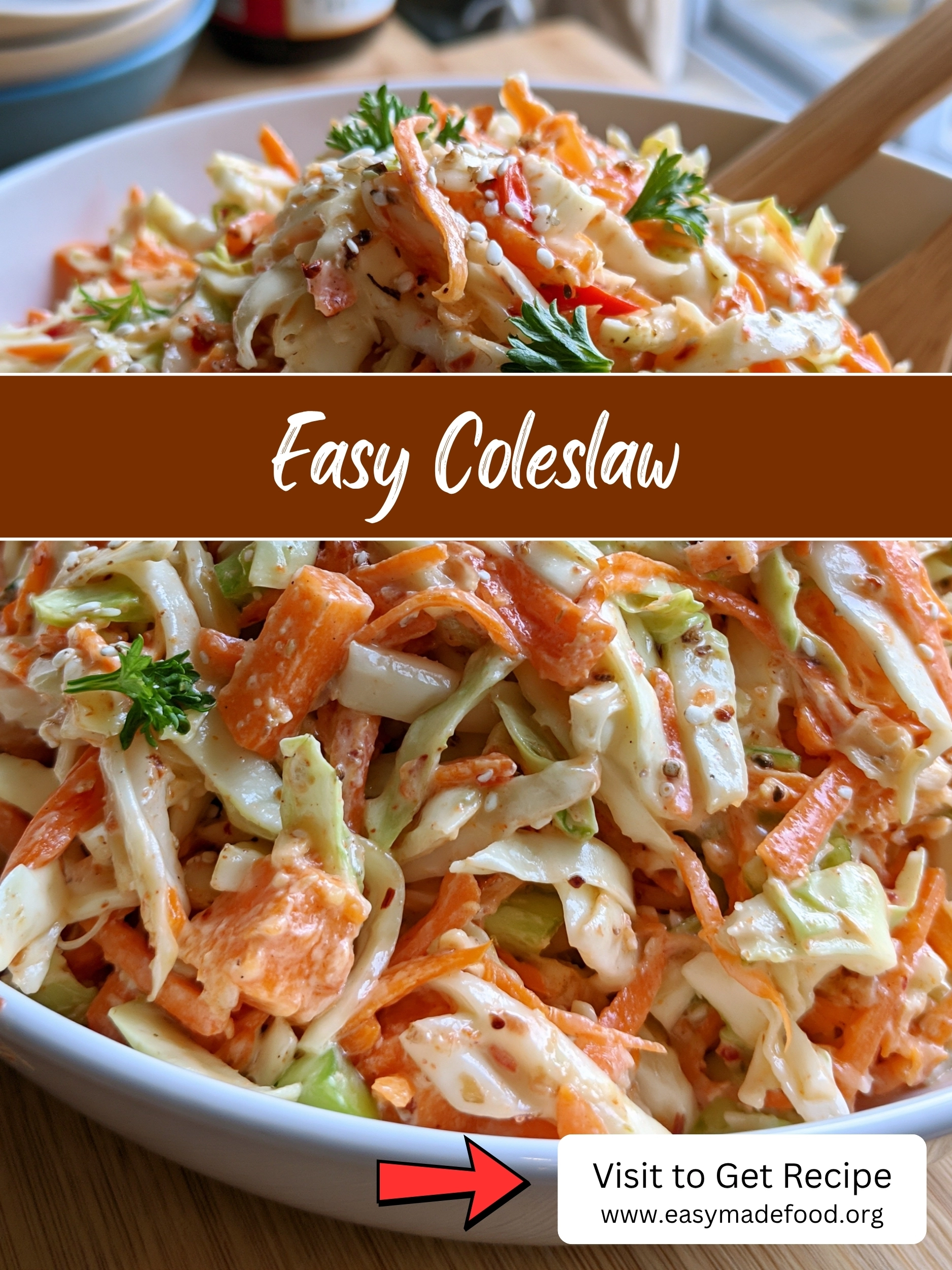 Easy coleslaw recipe — creamy shredded cabbage and carrot slaw with sesame seeds and parsley, visit Easy Made Food to get the recipe