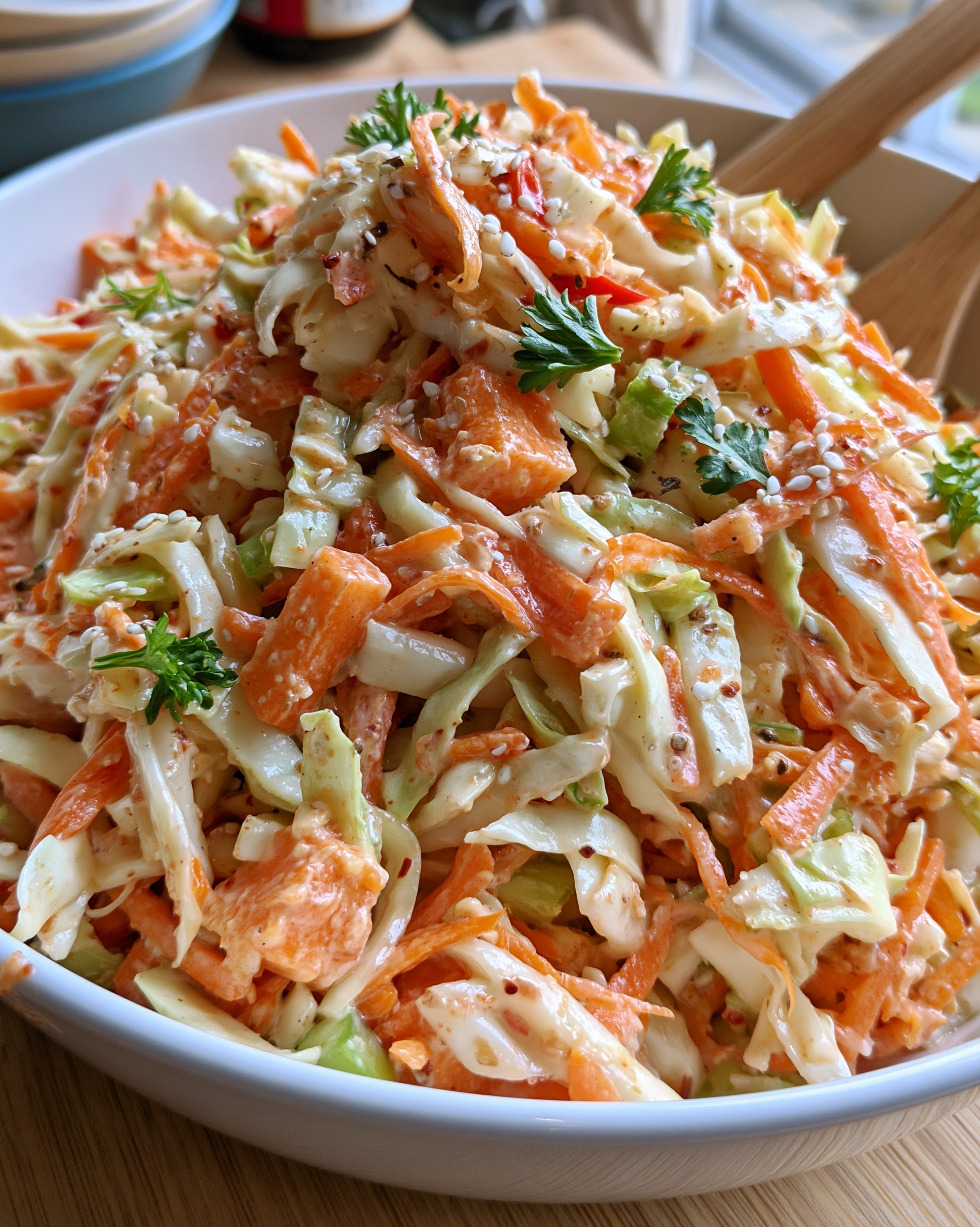 Easy coleslaw in a white bowl with shredded green cabbage, carrots and red pepper strips, topped with sesame seeds and fresh parsley in a creamy dressing