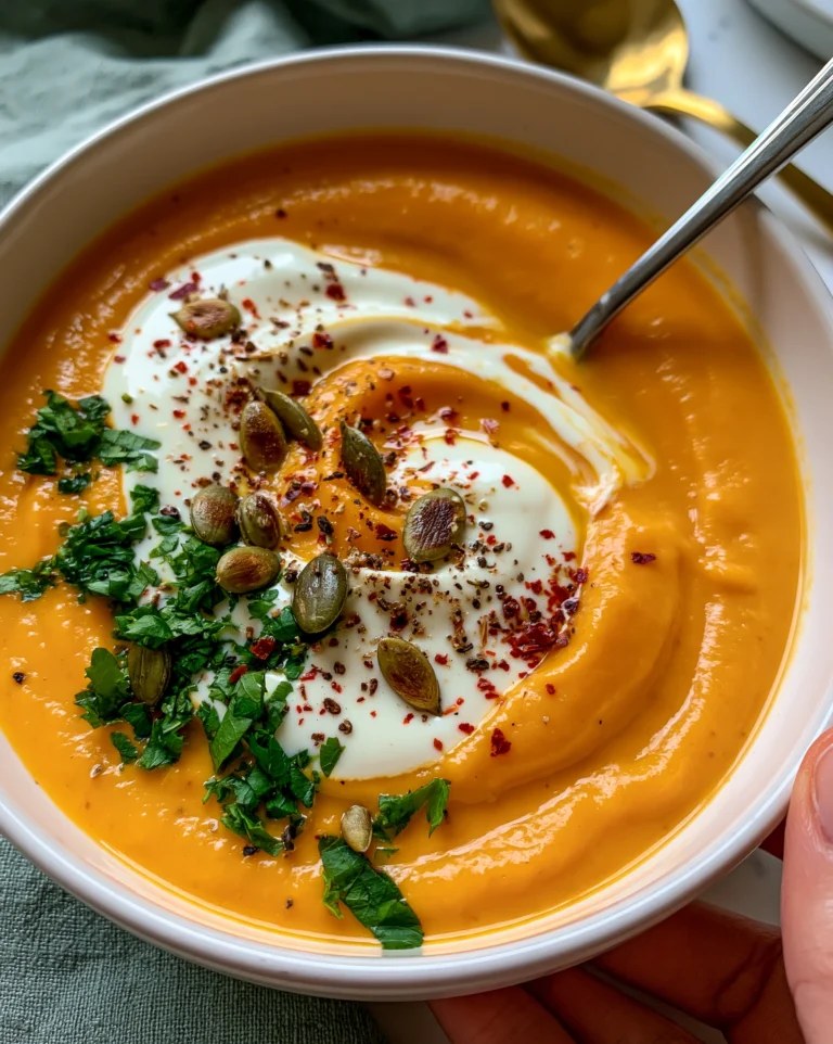 Creamy blended sweet potato soup in a white bowl swirled with cream and topped with toasted pumpkin seeds, fresh herbs and chili flakes