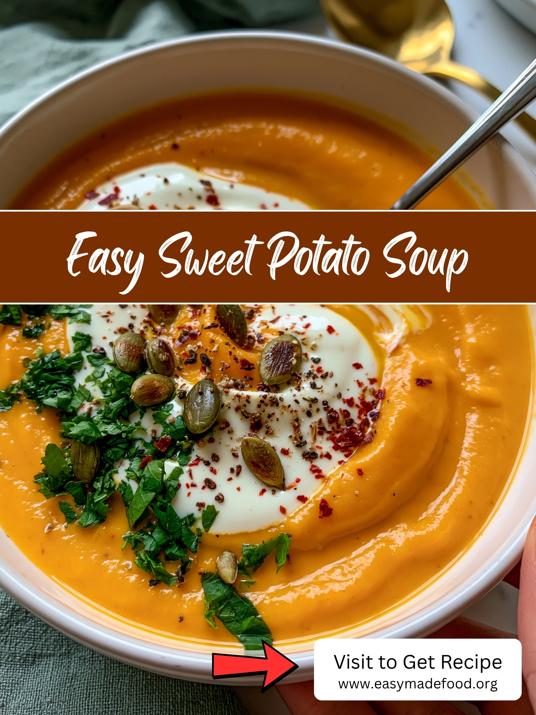 Easy sweet potato soup recipe — silky orange sweet potato soup with a cream swirl, toasted pepitas and fresh herbs, visit Easy Made Food to get the recipe