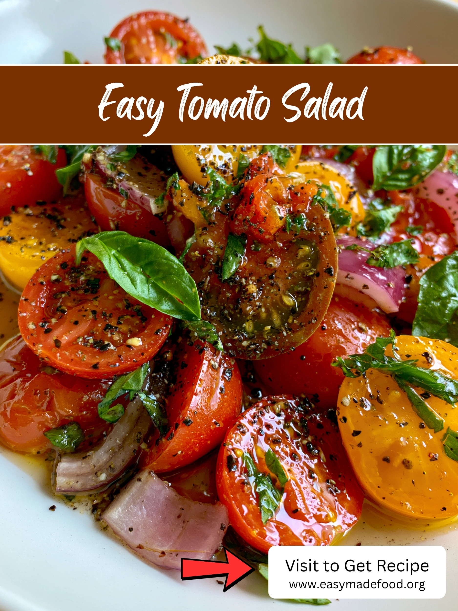 Easy tomato salad recipe — mixed cherry tomatoes, red onion, and fresh basil with cracked black pepper, visit Easy Made Food to get the recipe