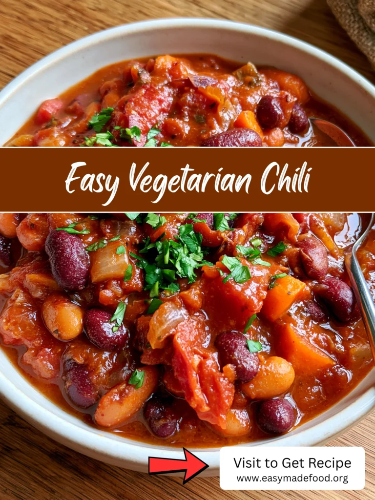 Easy vegetarian chili recipe — thick meat-free chili with kidney beans, white beans and sweet potato, visit Easy Made Food to get the recipe