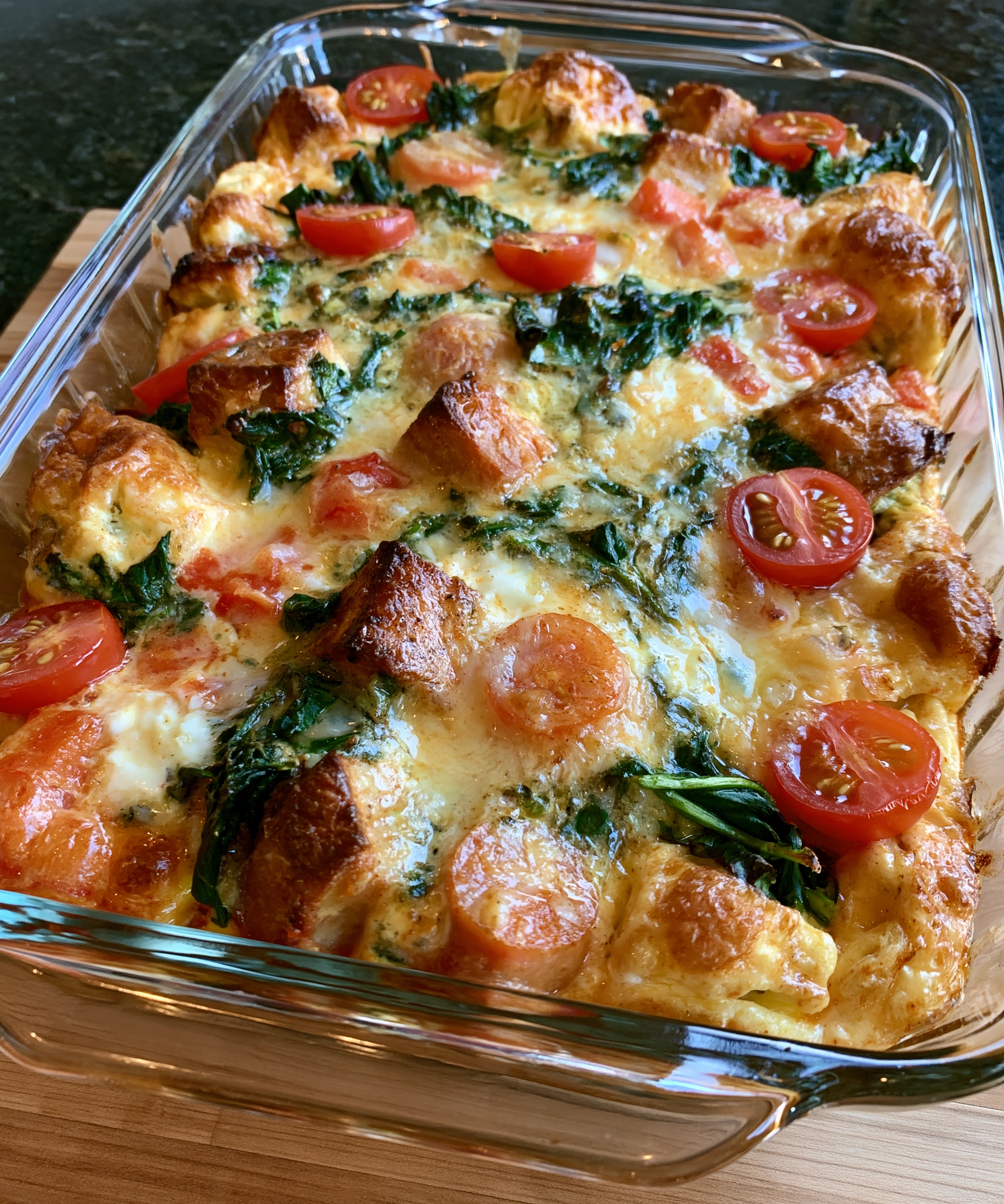 Easy egg bake casserole recipe with golden crusty bread cubes, wilted spinach, halved cherry tomatoes and melted cheese in a glass baking dish