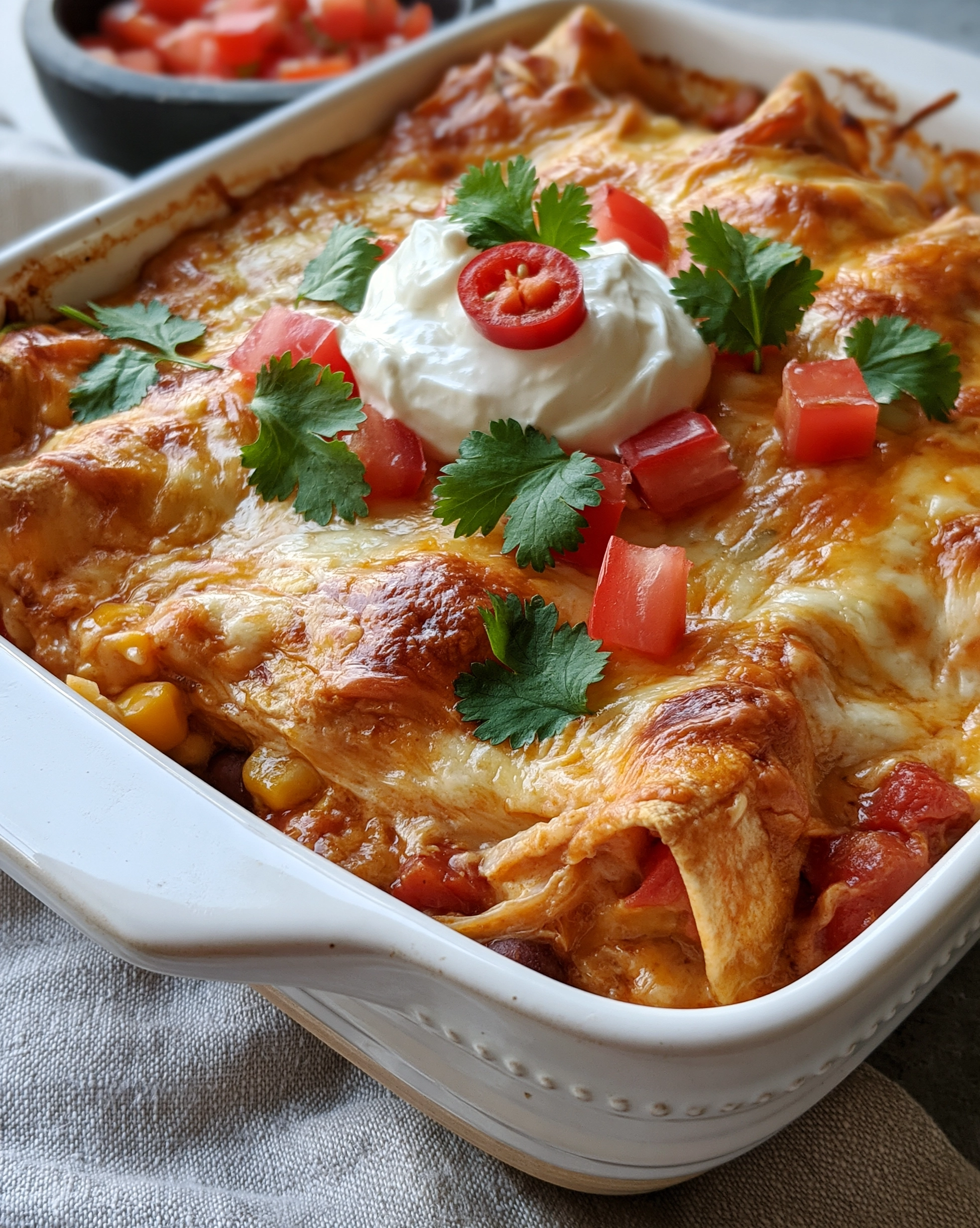 Easy enchilada casserole in a white baking dish with bubbly golden cheese, red sauce, a dollop of sour cream, fresh diced tomatoes and cilantro