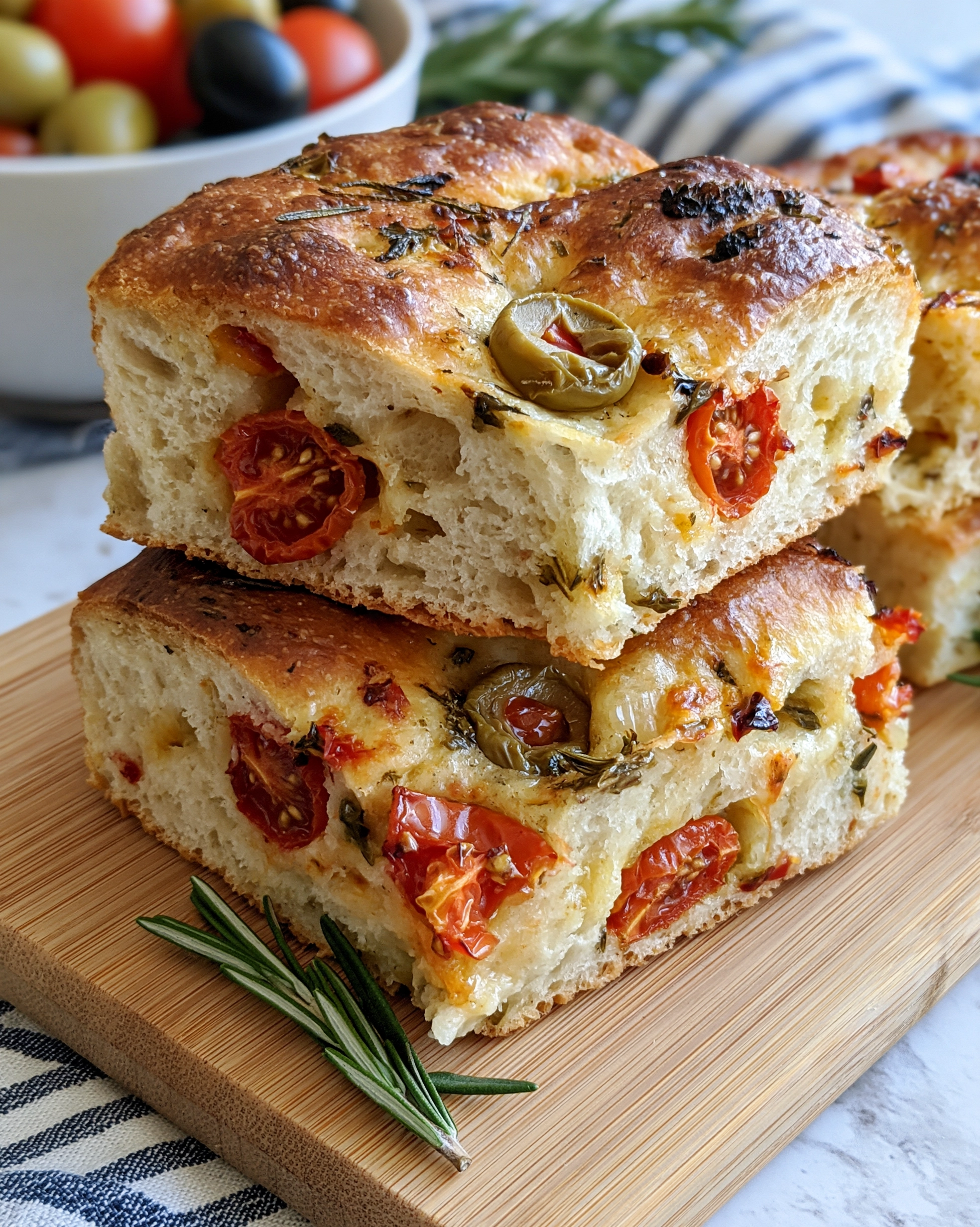 Easy focaccia bread recipe — thick golden squares topped with roasted cherry tomatoes, green olives and rosemary on a wooden board