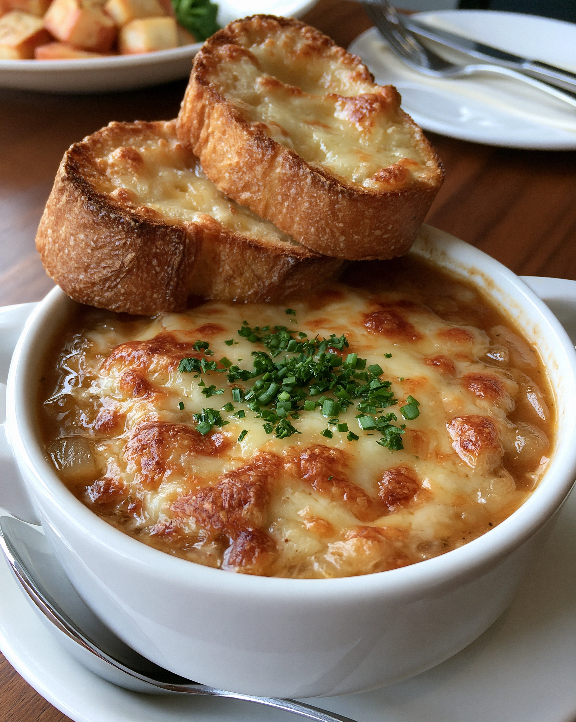 Easy french onion soup recipe in a white oven-safe crock with a bubbly golden Gruyère cheese top, chopped chives and cheesy baguette toasts