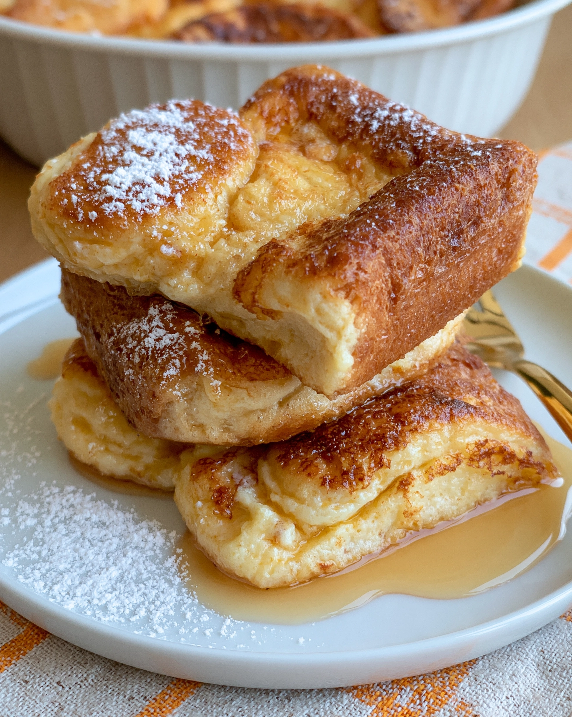 Easy french toast casserole with thick golden brioche pieces, custardy centers, powdered sugar and maple syrup