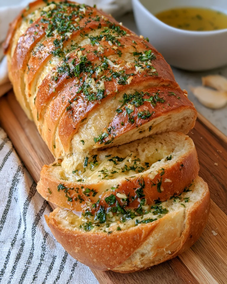 Easy garlic bread recipe — a sliced French loaf loaded with garlic herb butter and fresh parsley, golden and glossy on a wooden board