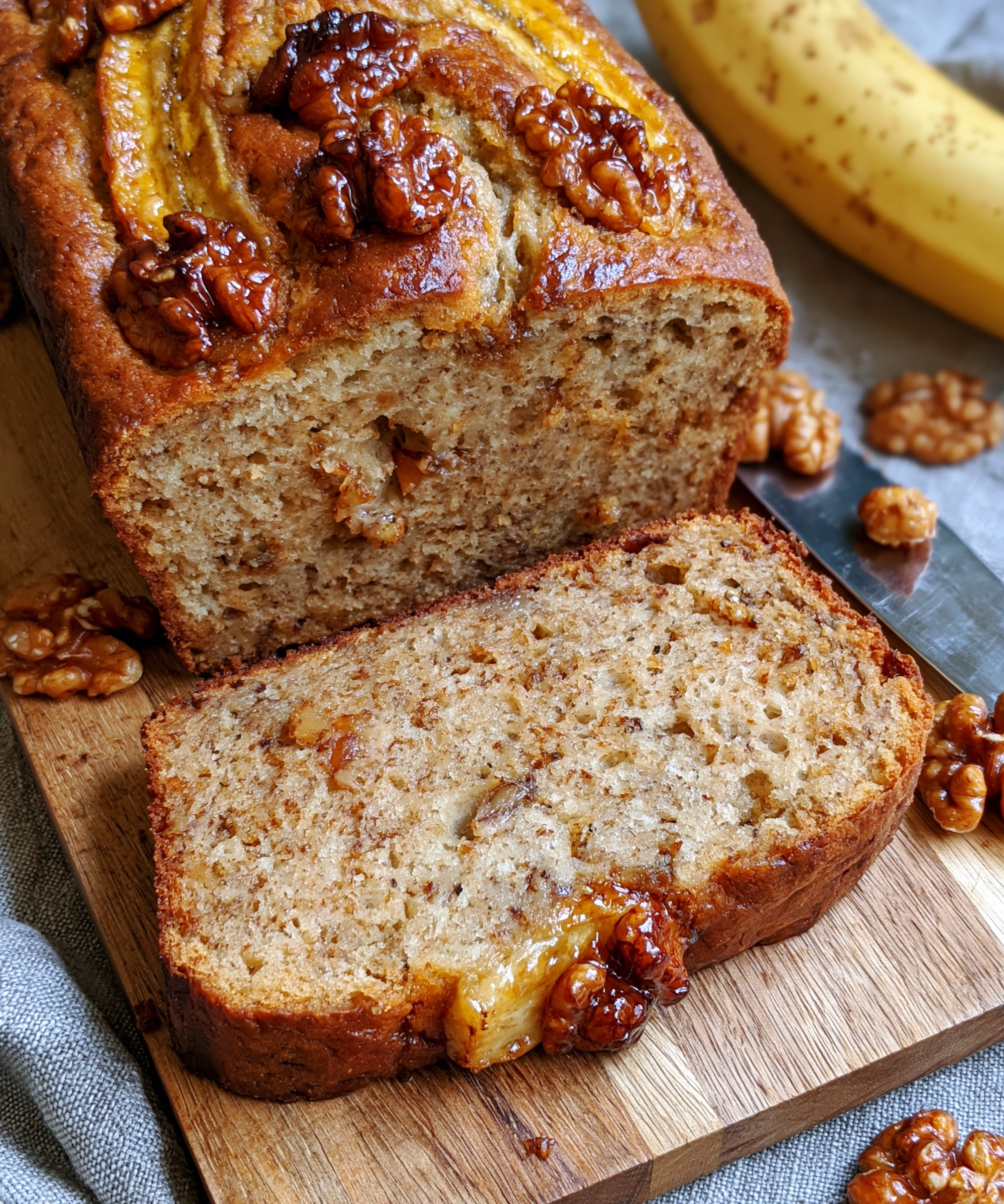 Easy gluten free banana bread recipe sliced on a wooden board, with chopped walnuts in the moist crumb, glossy walnut halves and a caramelized banana half on top