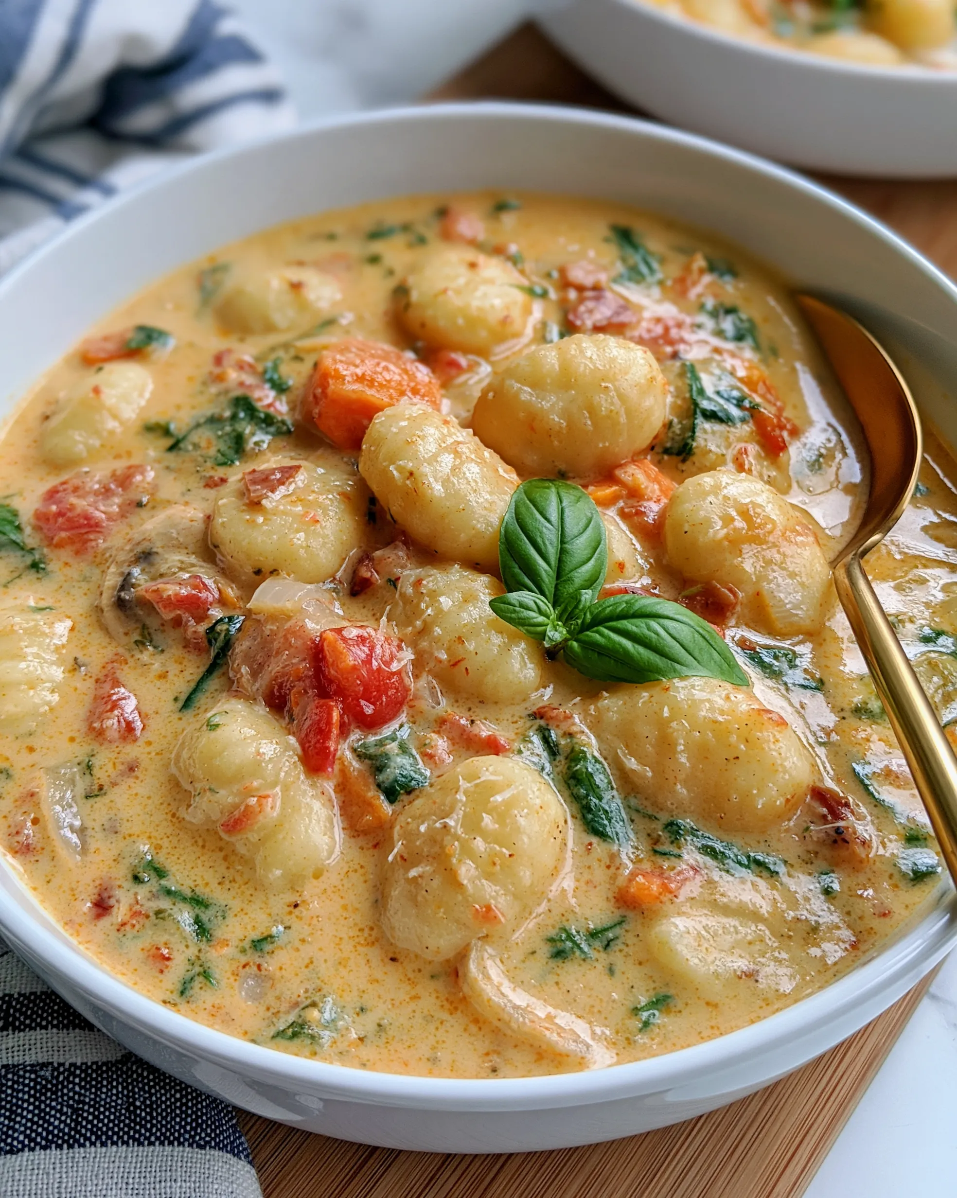 Easy gnocchi soup recipe with pillowy potato gnocchi, wilted spinach and tomatoes in a creamy pink broth, topped with a fresh basil leaf
