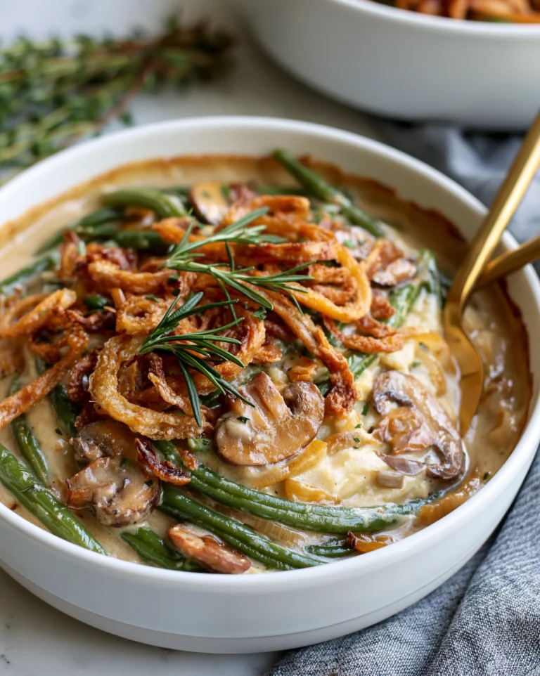 Easy green bean casserole in a white baking dish with creamy mushroom sauce, sliced mushrooms and a crispy fried onion topping