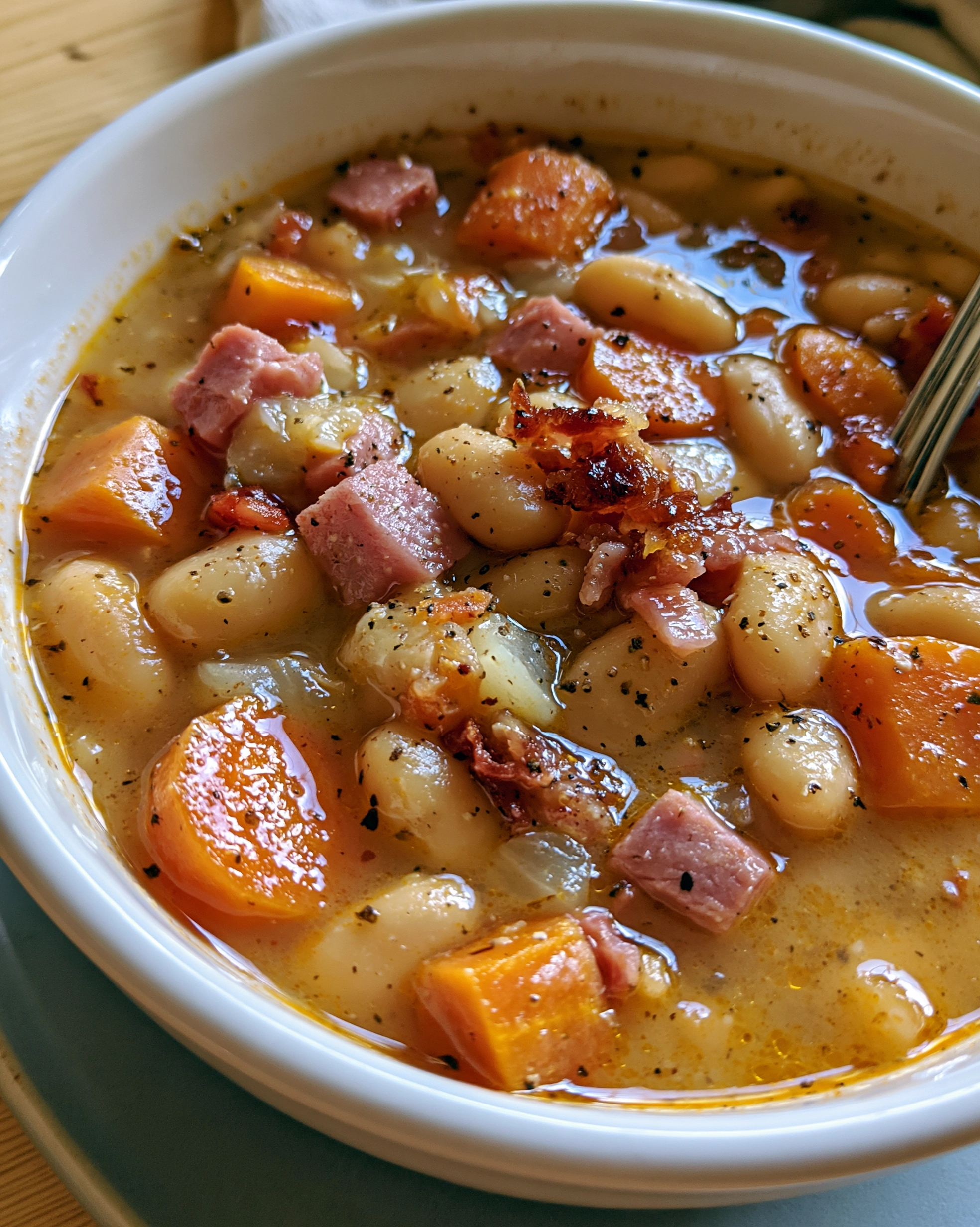 Easy ham and bean soup recipe — whole white beans, big chunks of carrot and cubes of ham in a savory golden broth, finished with cracked black pepper