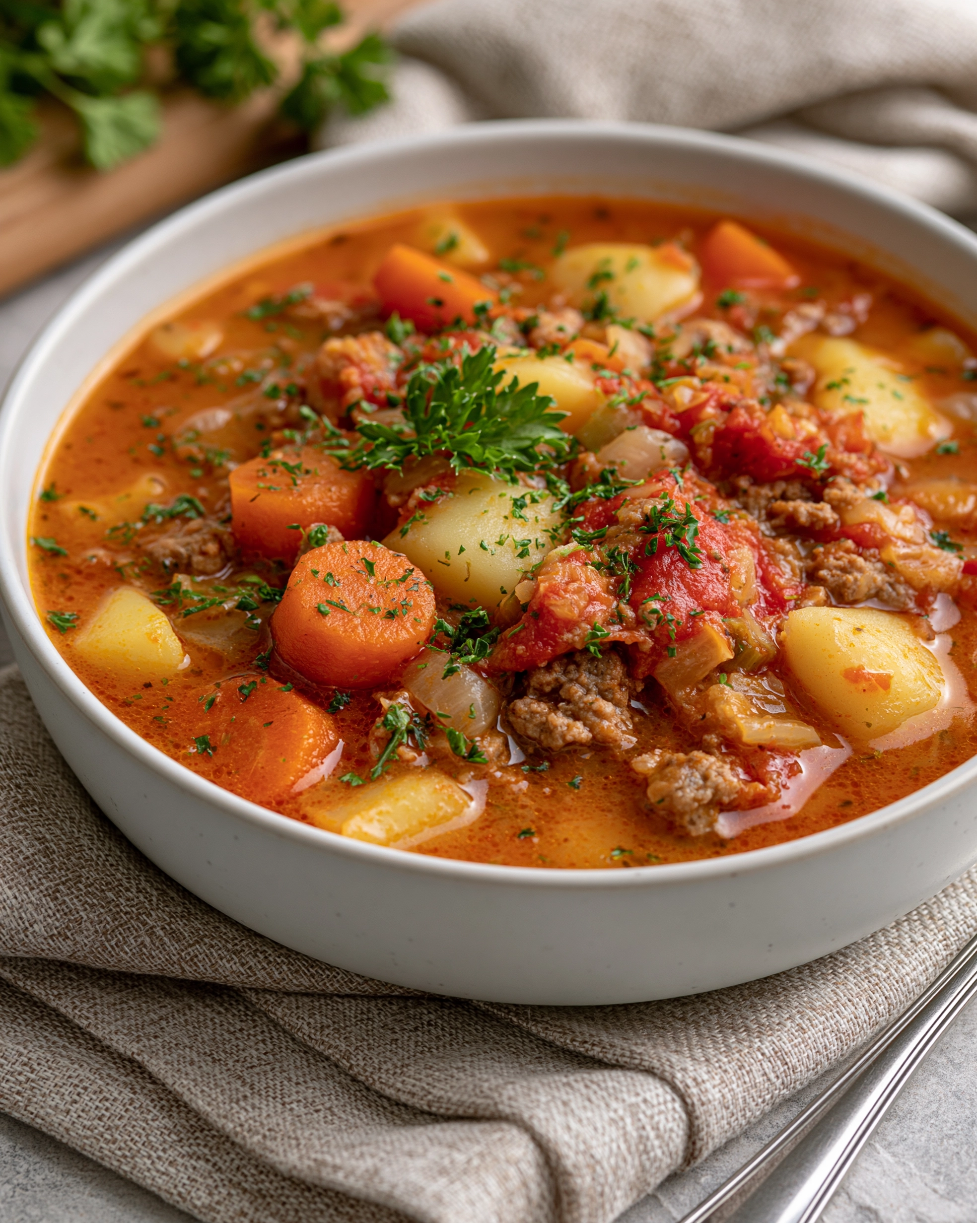 Easy hamburger soup recipe with ground beef, chunky potatoes and thick carrot coins in a rich tomato broth, topped with fresh parsley