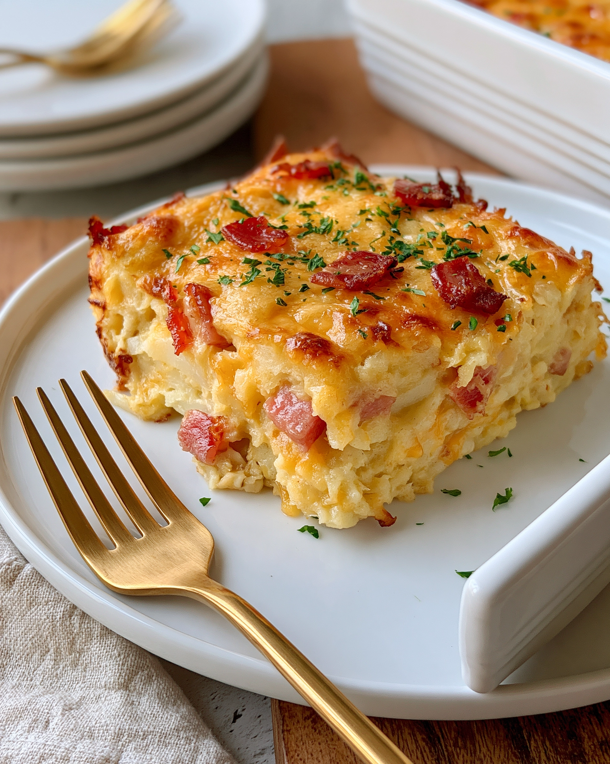 Easy hashbrown casserole recipe — a cheesy slice with golden melted cheddar, crispy bacon and fresh parsley on top