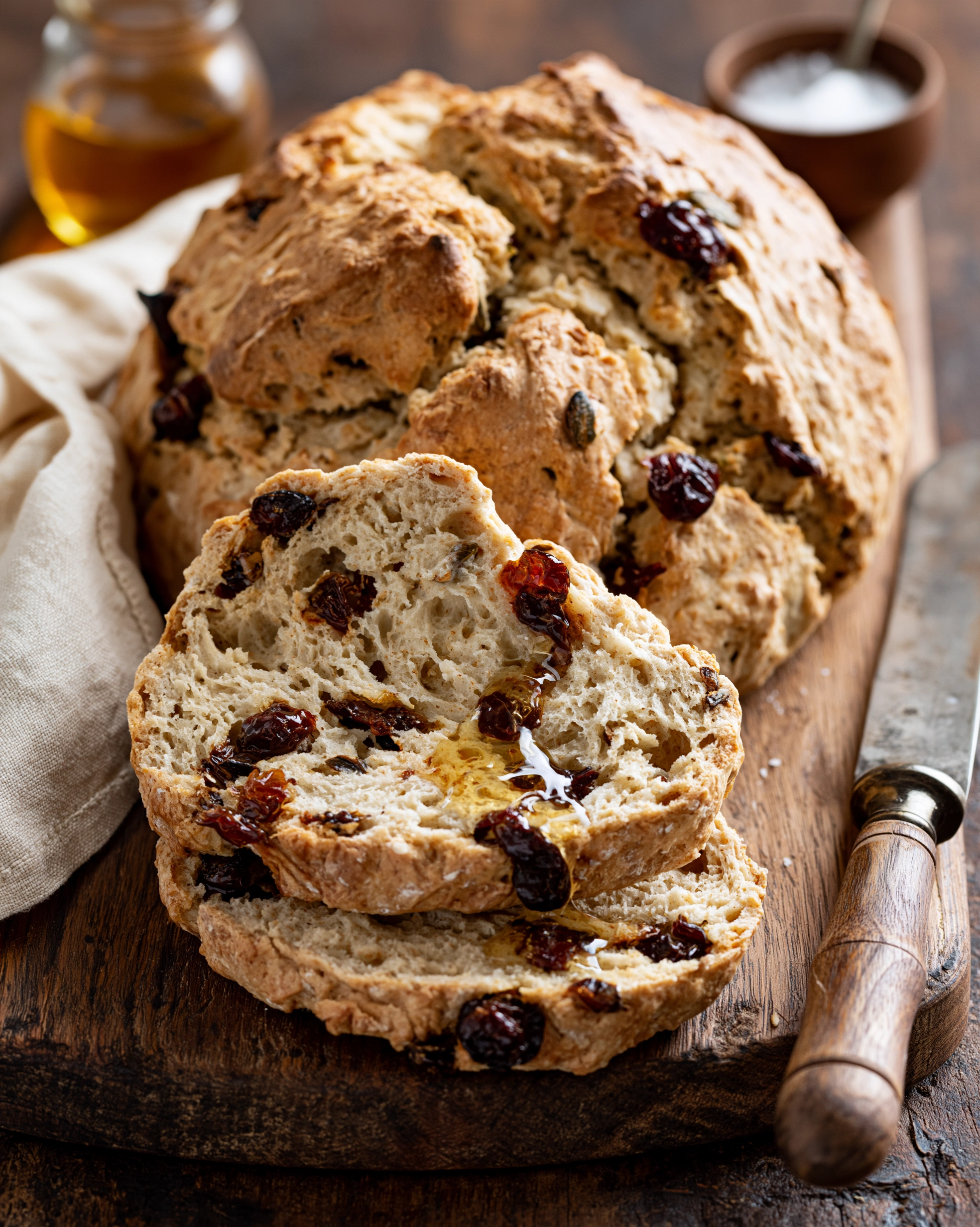 Easy Irish soda bread recipe — rustic round loaf with a deep cross cut, golden crusty top and plump raisins, sliced on a wooden board with honey
