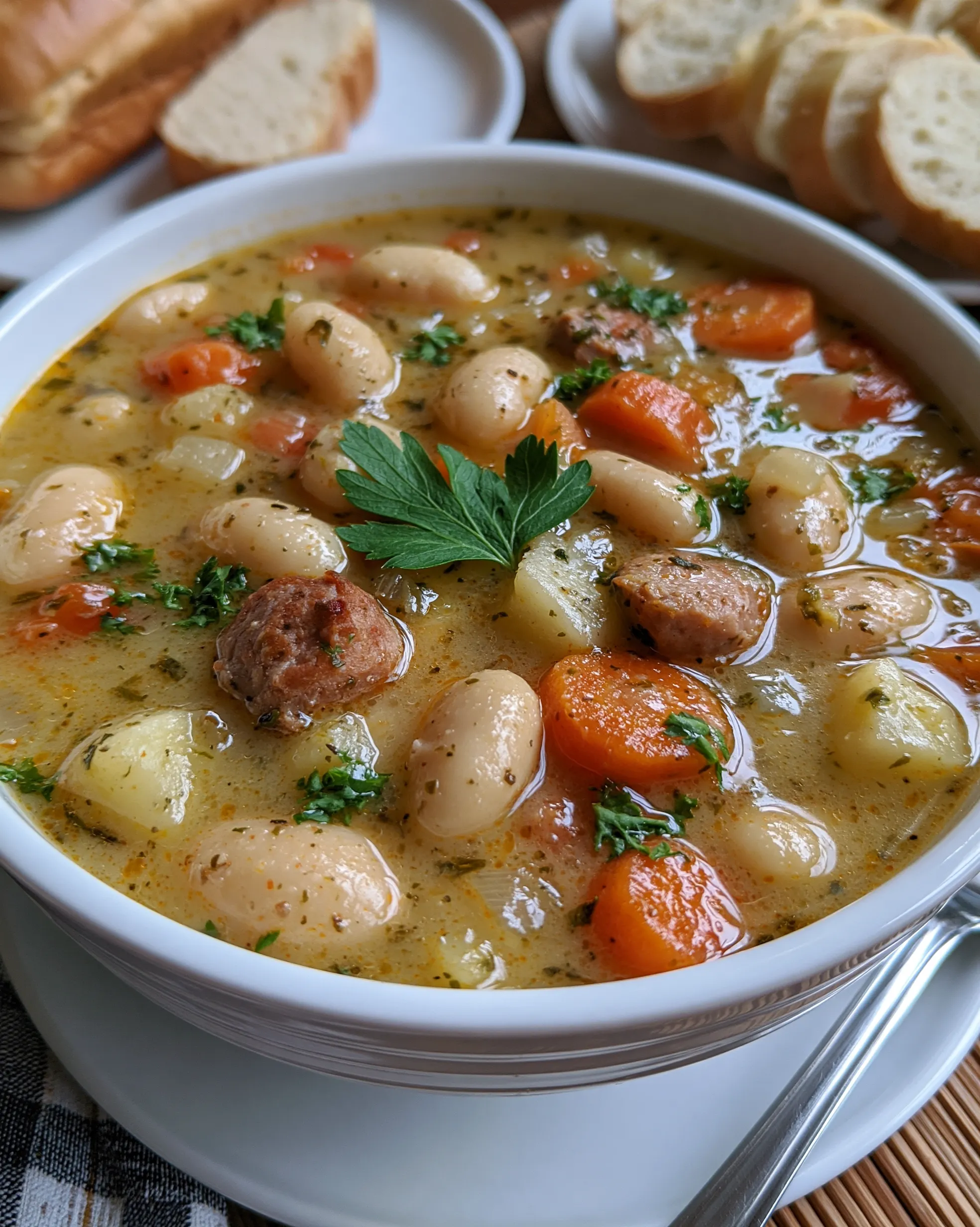 Easy Italian penicillin soup recipe with big butter beans, potatoes, carrot rounds and Italian sausage in a golden broth, garnished with fresh parsley and served with crusty bread