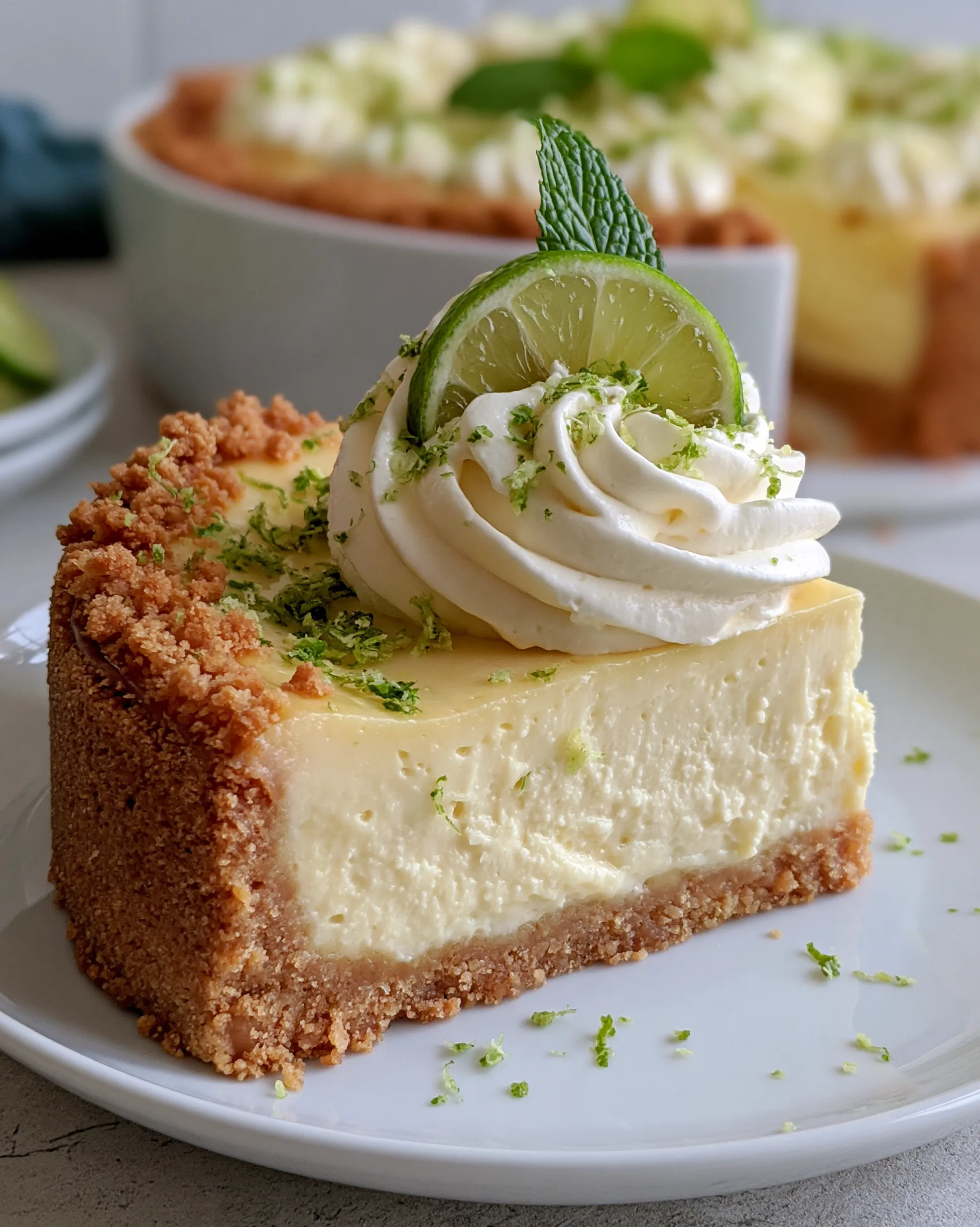 Easy key lime pie recipe slice with thick graham cracker crust, tall creamy lime filling, whipped cream swirl, lime wheel and fresh zest