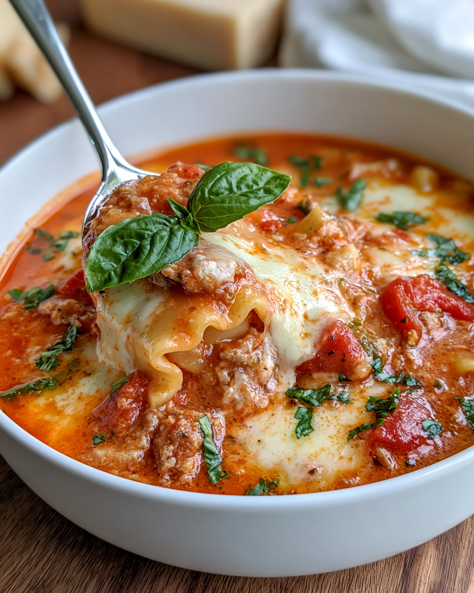 Easy lasagna soup in a white bowl with broken wavy lasagna noodles, rich tomato broth, melted mozzarella and fresh basil on top