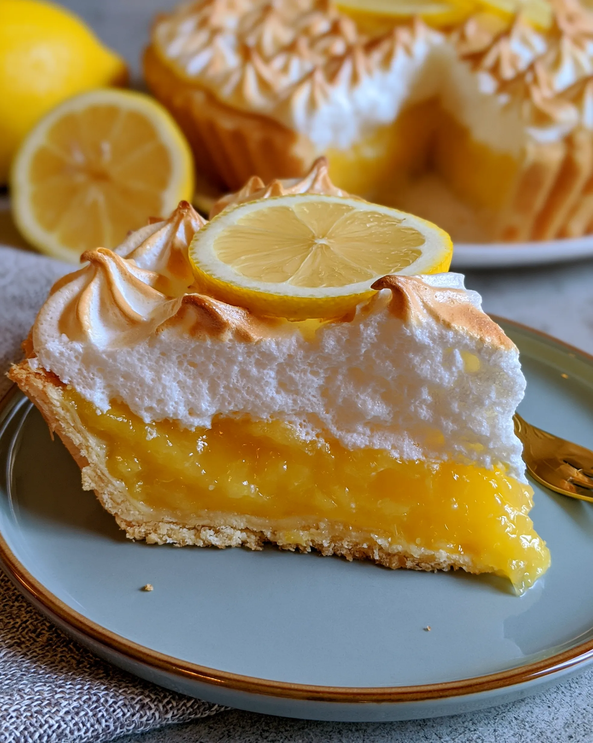 Easy lemon meringue pie recipe slice with tall toasted meringue peaks, glossy lemon filling, flaky crust and a lemon slice on top