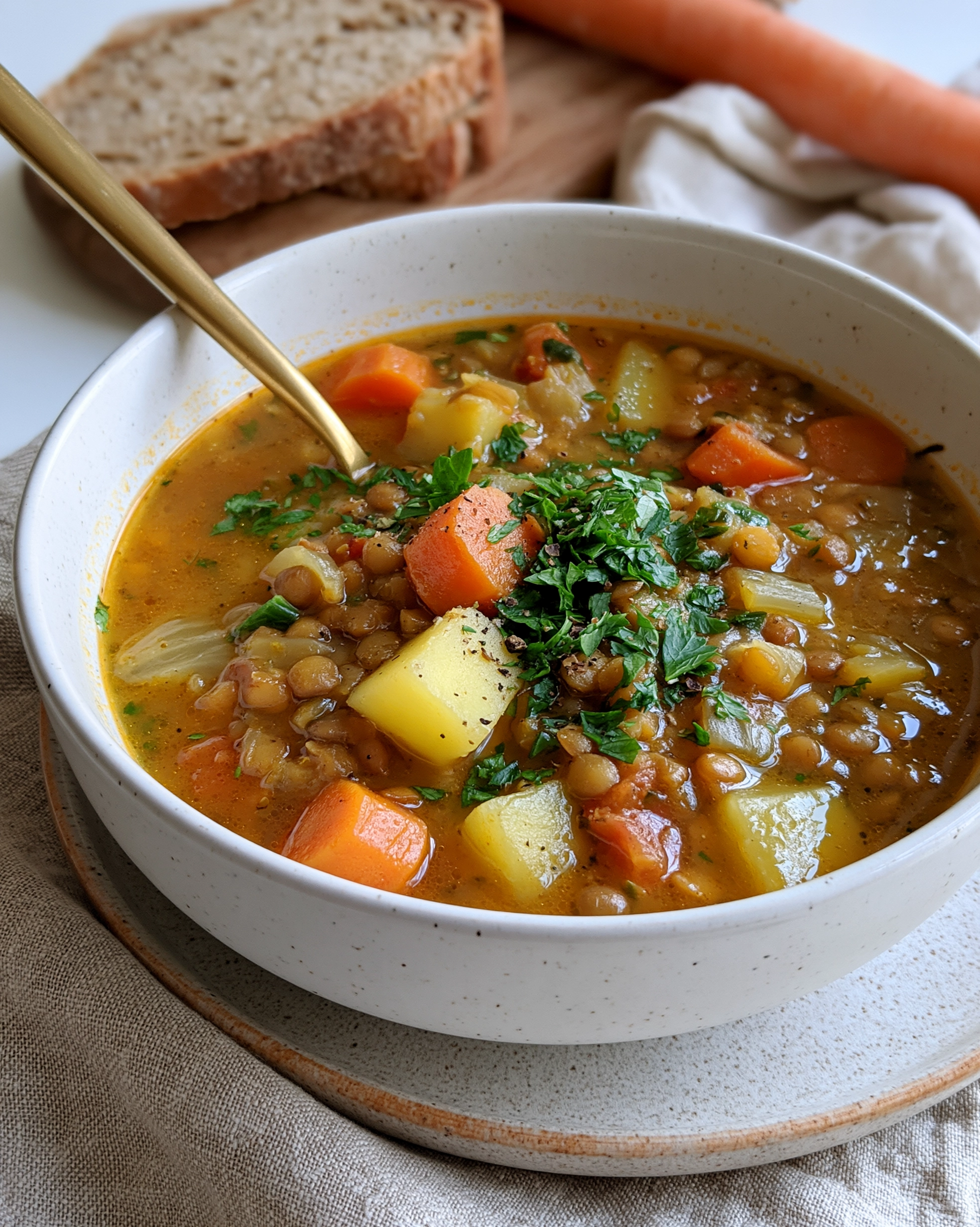 Easy lentil soup recipe with brown lentils, chunky potatoes and carrots in a white bowl, topped with fresh parsley